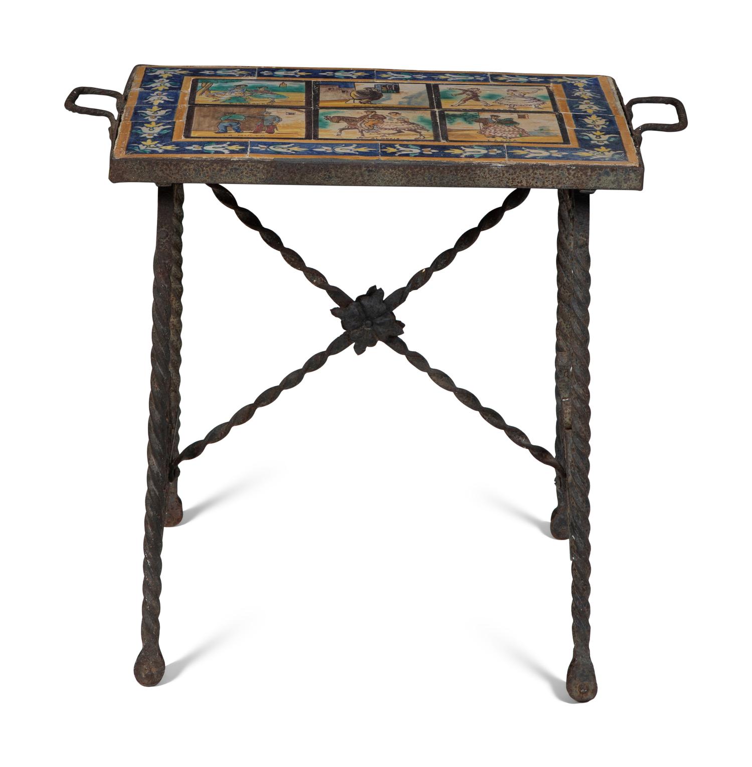 A Mizner Wrought Iron Side Table with Inset Spanish Tile Top