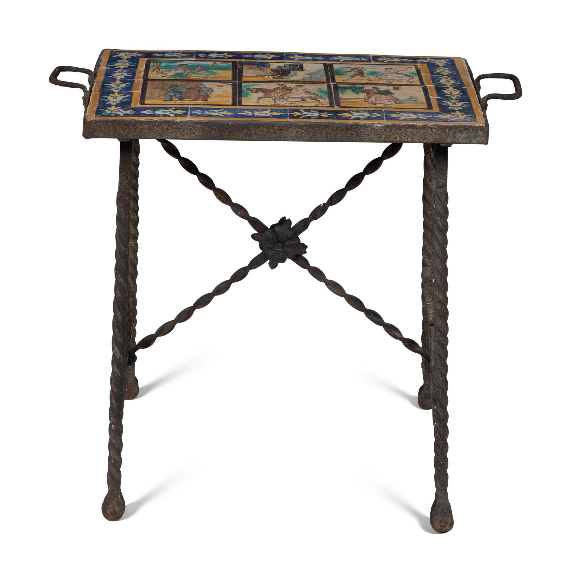 A Mizner Wrought Iron Side Table with Inset Spanish Tile Top