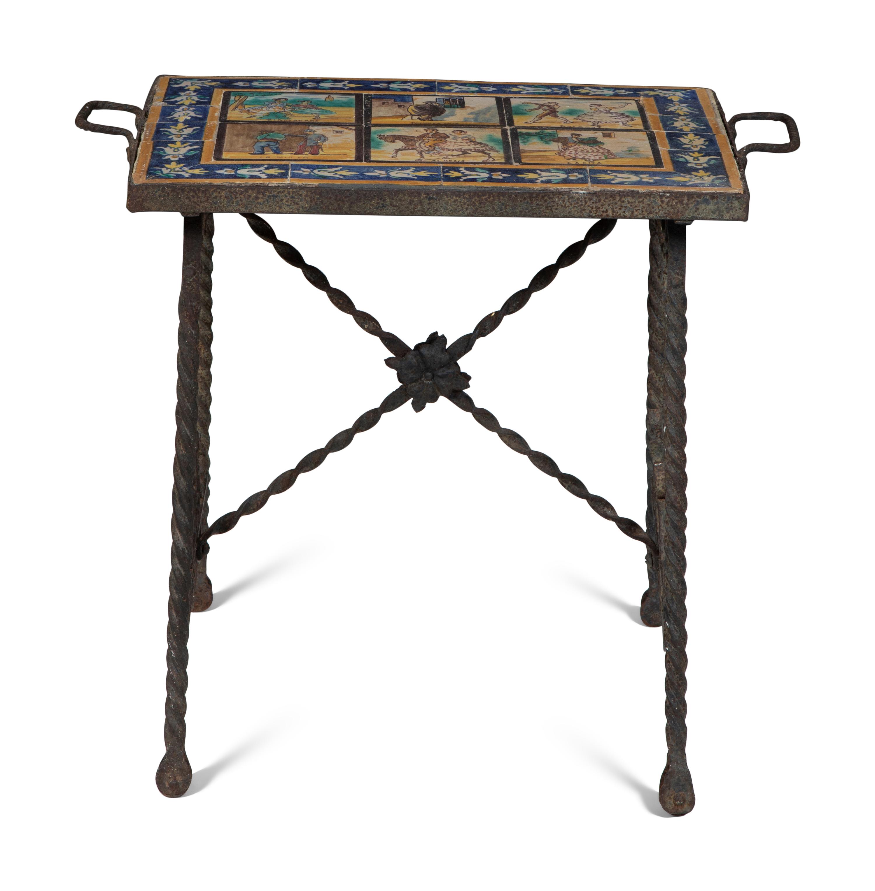 A Mizner Wrought Iron Side Table with Inset Spanish Tile Top