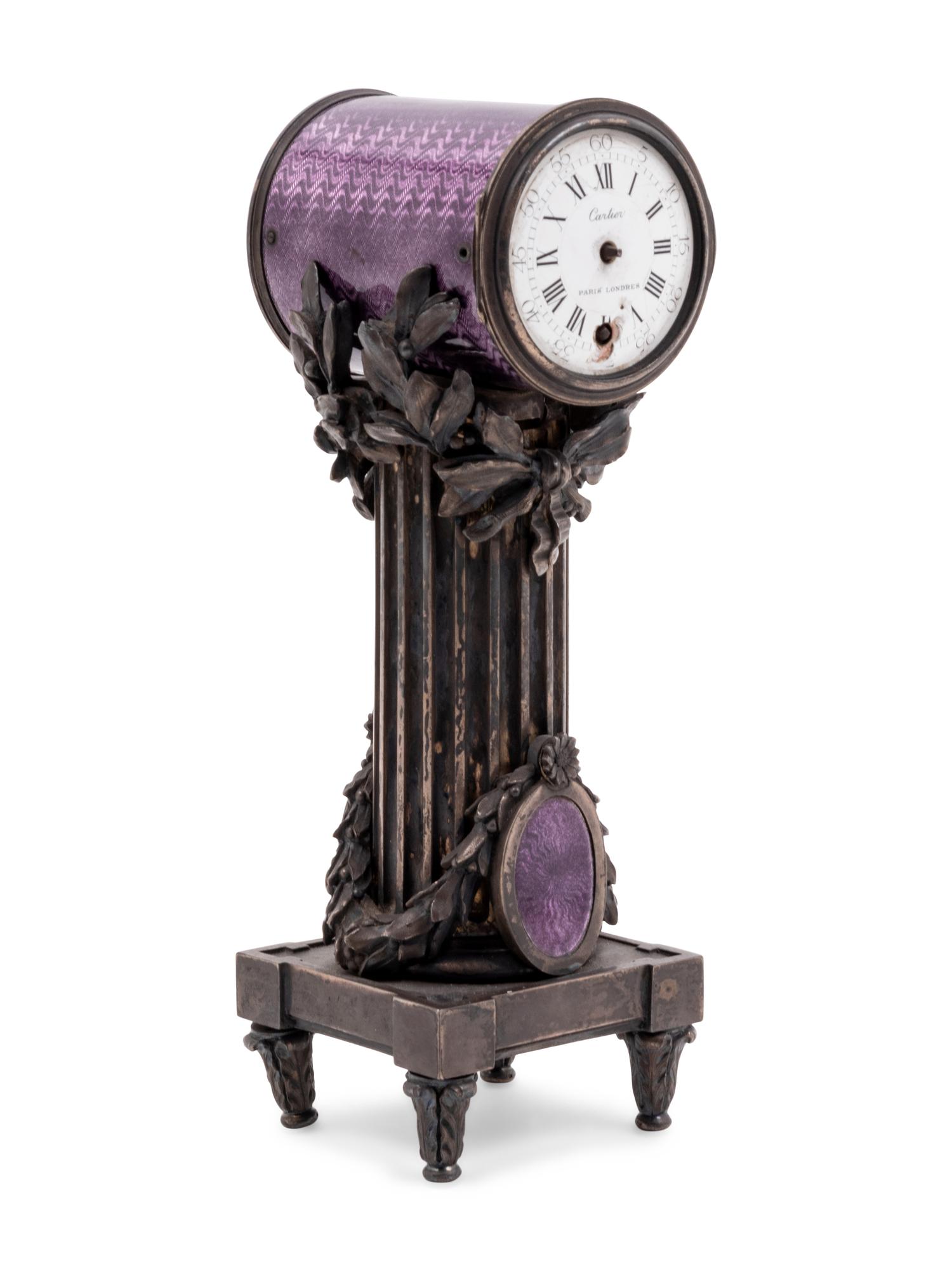 A Cartier Louis XVI Style Silver-Gilt and Guilloché Enamel Desk Clock and Barometer