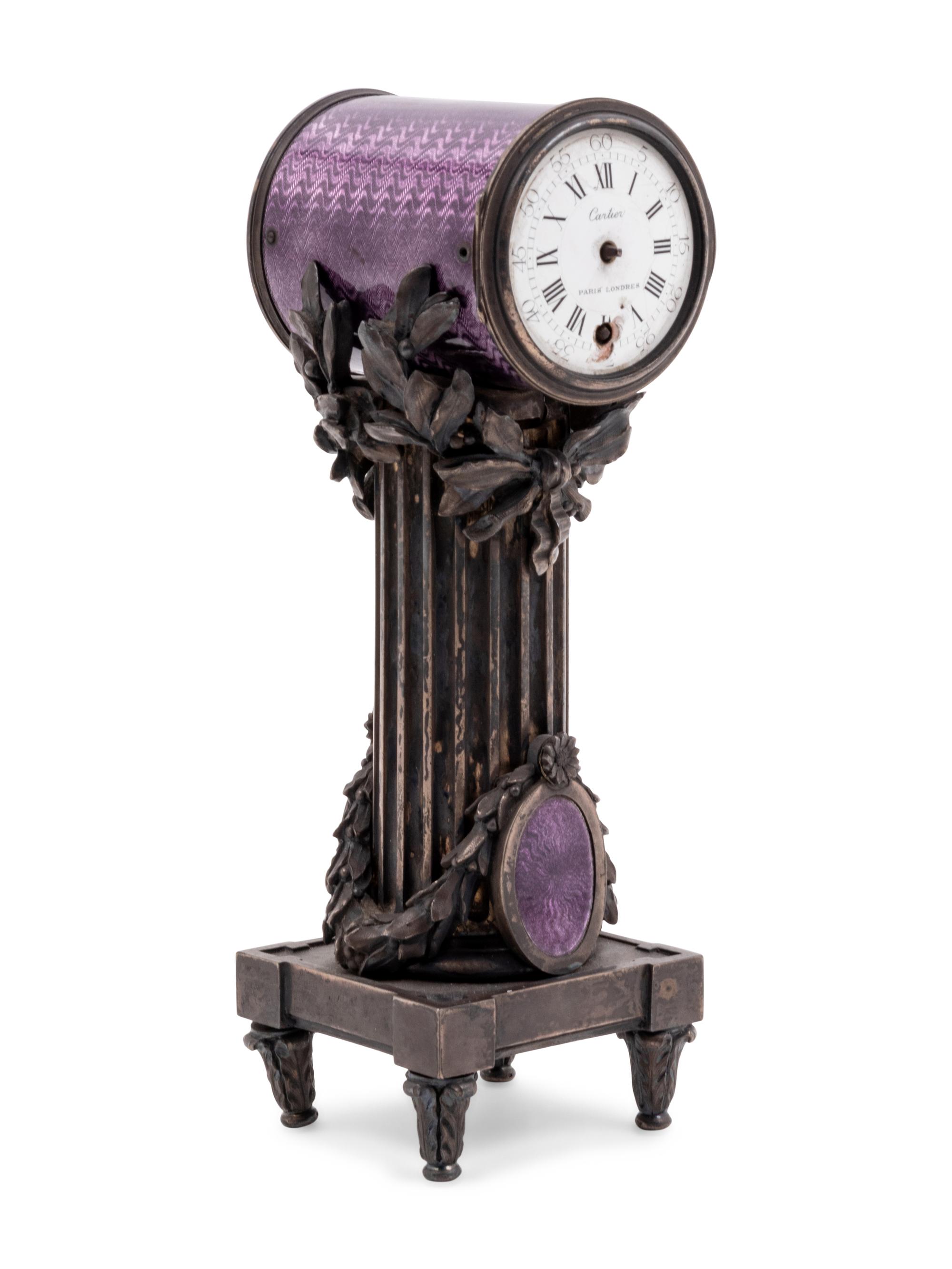 A Cartier Louis XVI Style Silver-Gilt and Guilloché Enamel Desk Clock and Barometer
