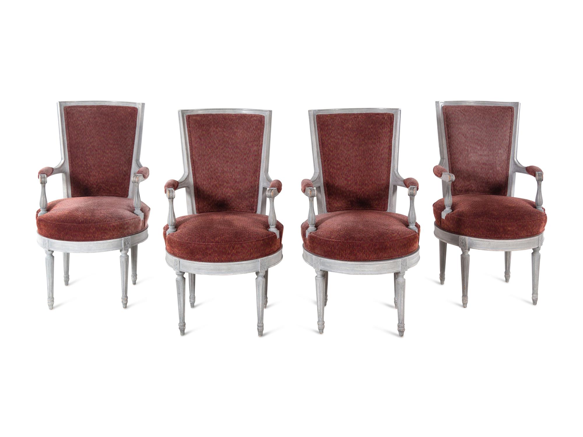A Set of Four Louis XVI Style Gray-Painted Armchairs