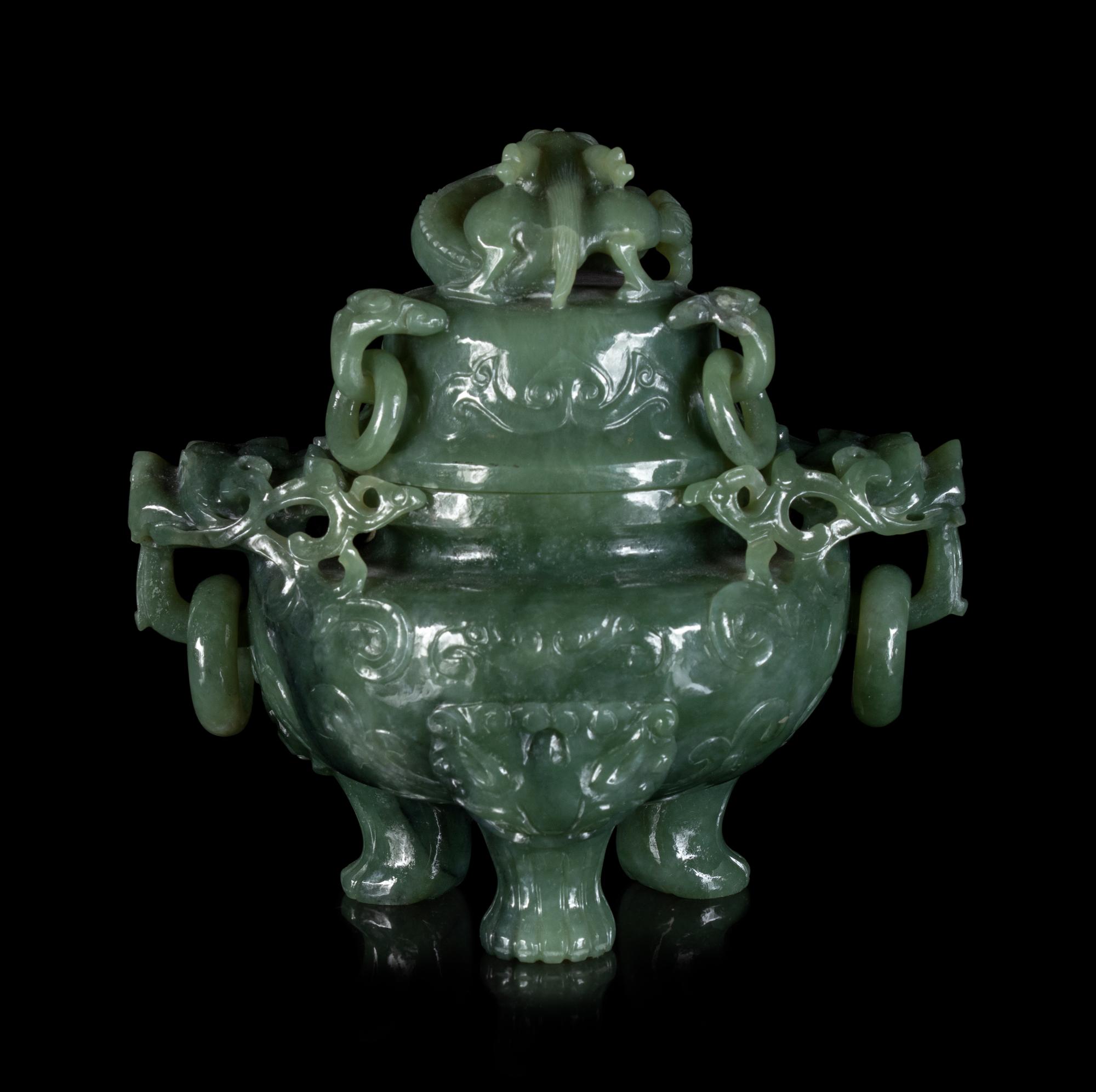 A Chinese Celadon Jadeite Incense Burner and Cover