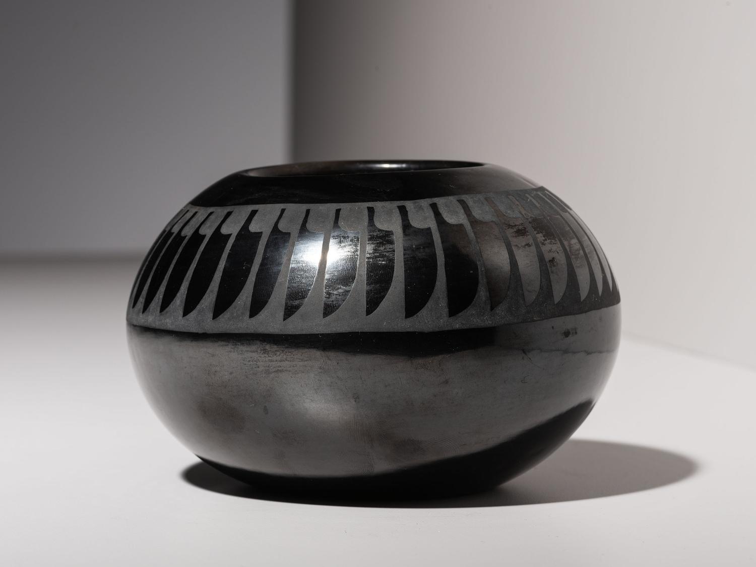 Blackware Pottery Jar, with Repeating Feathers 1943-1956