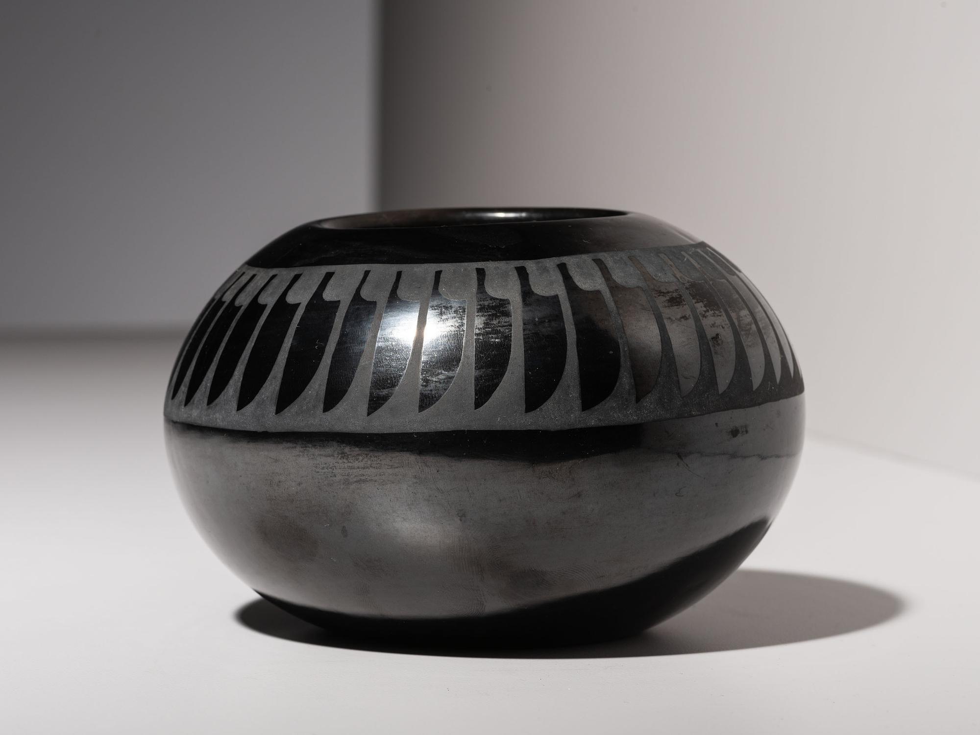 Blackware Pottery Jar, with Repeating Feathers 1943-1956