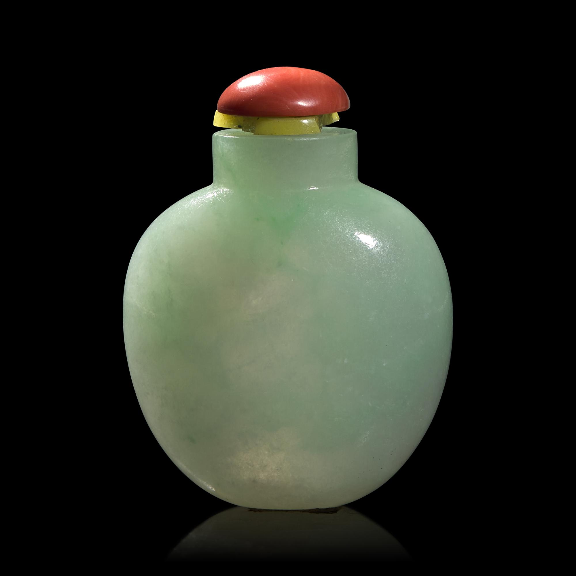 A Chinese Apple Green and Pale Celadon Jadeite Ovoid Snuff Bottle, 18th/19th Century