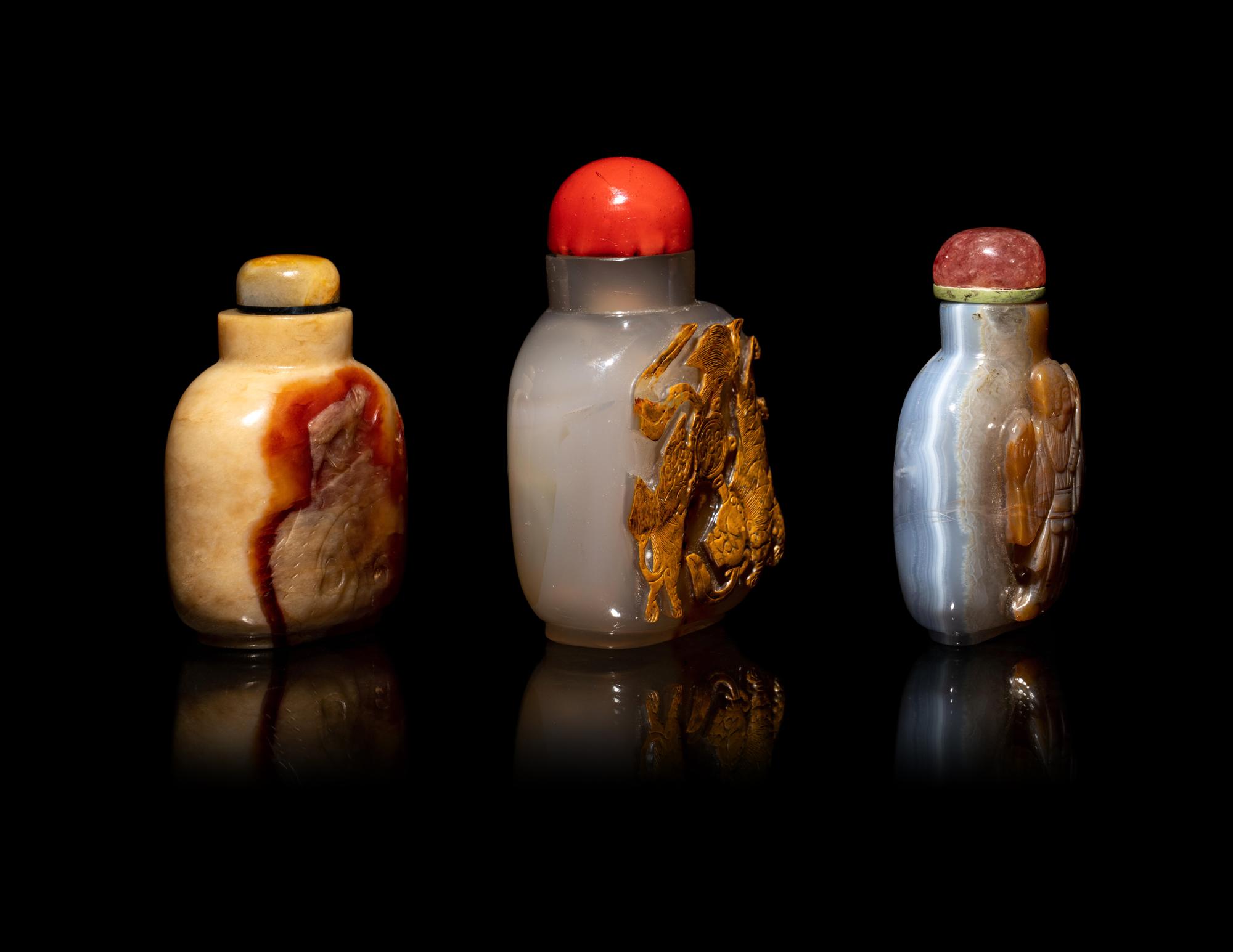 Three Large Chinese Carved Hardstone Snuff Bottles