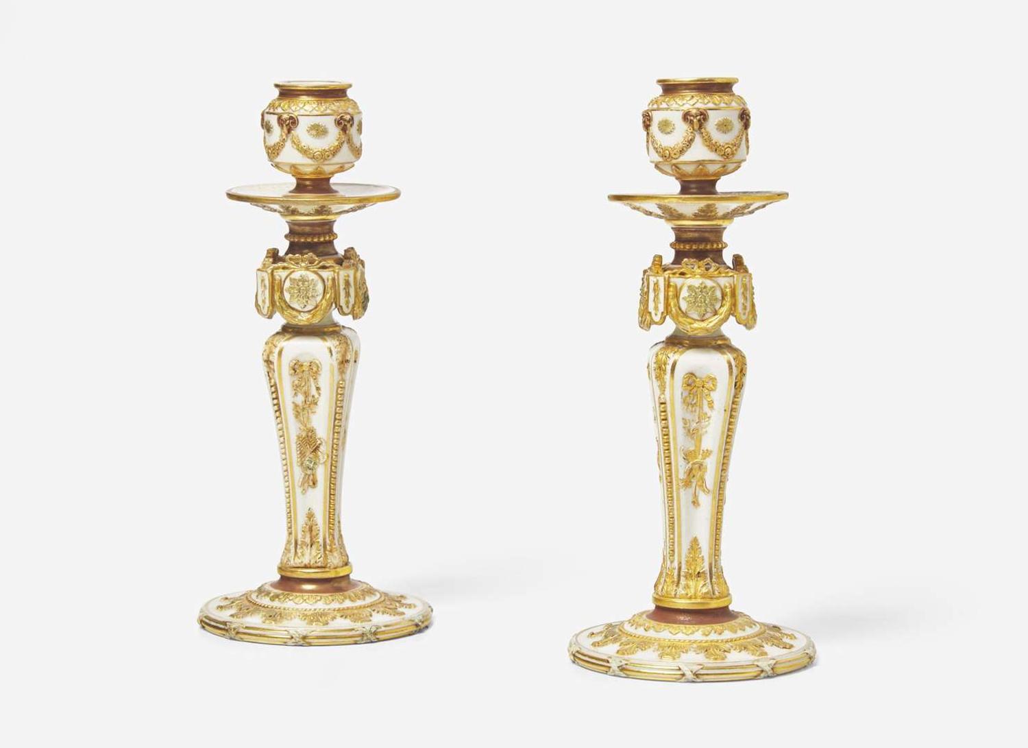 A Pair of Wedgwood Victoria Ware Candlesticks, UK, 1880s