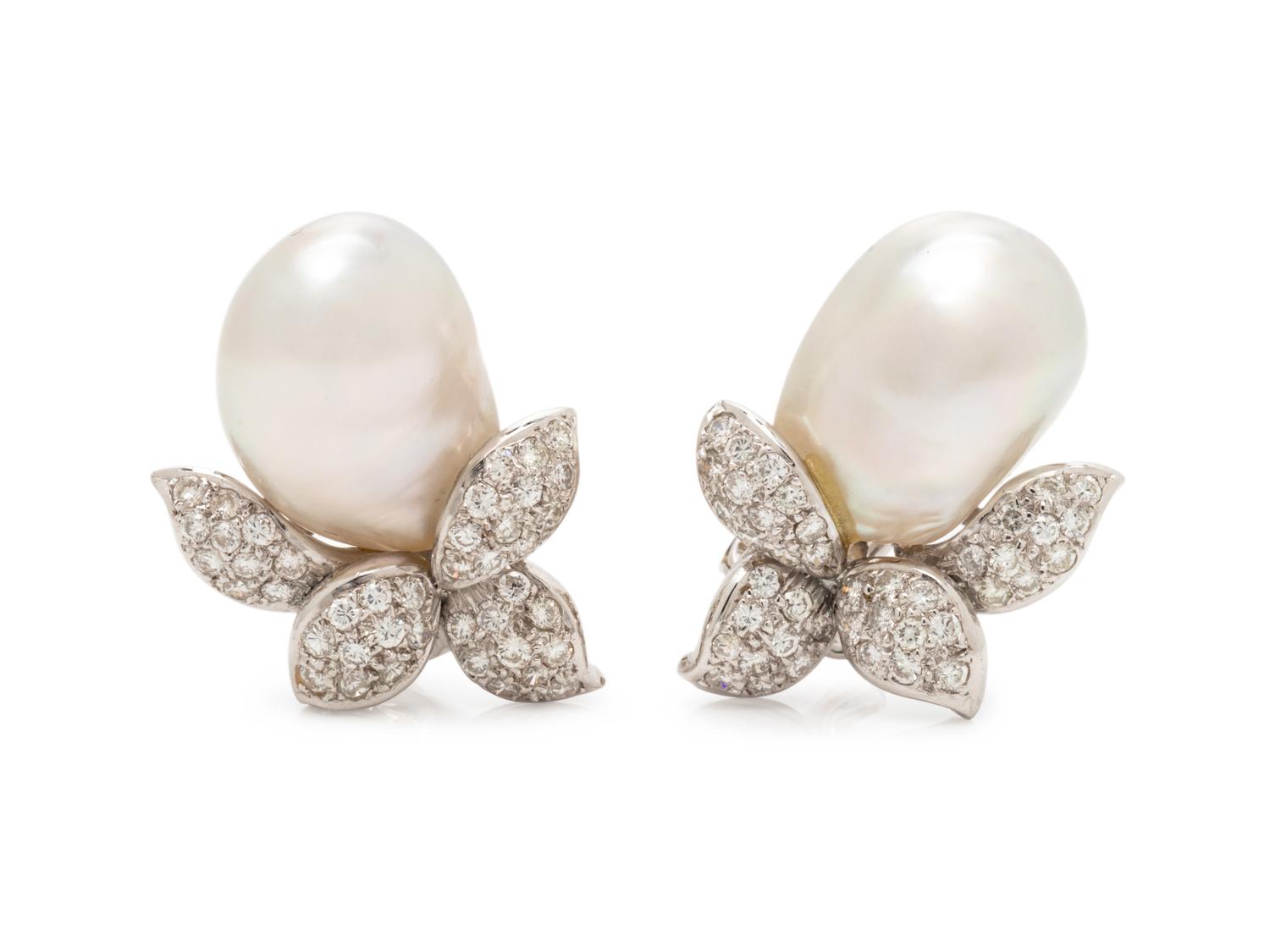 ADLER, CULTURED BAROQUE PEARL AND DIAMOND EARCLIPS