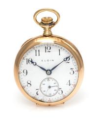 A 14 Karat Yellow Gold Open Face Pocket Watch, Elgin,