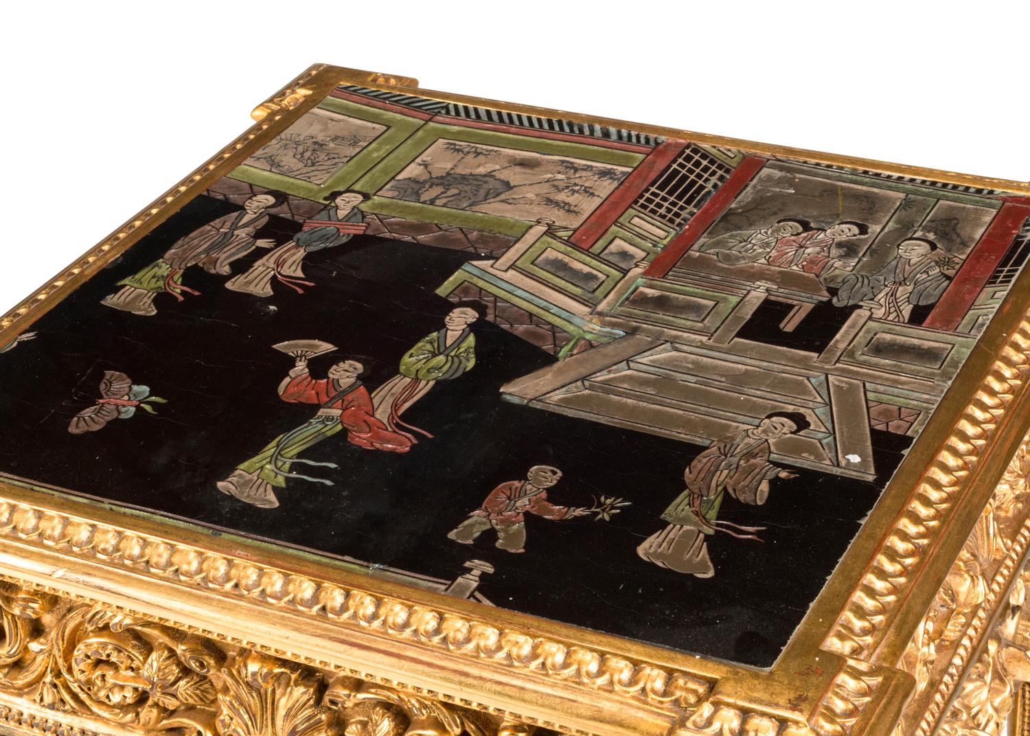 A Pair of Louis XVI Style Carved Giltwood and Chinese Lacquer-Inset Tables