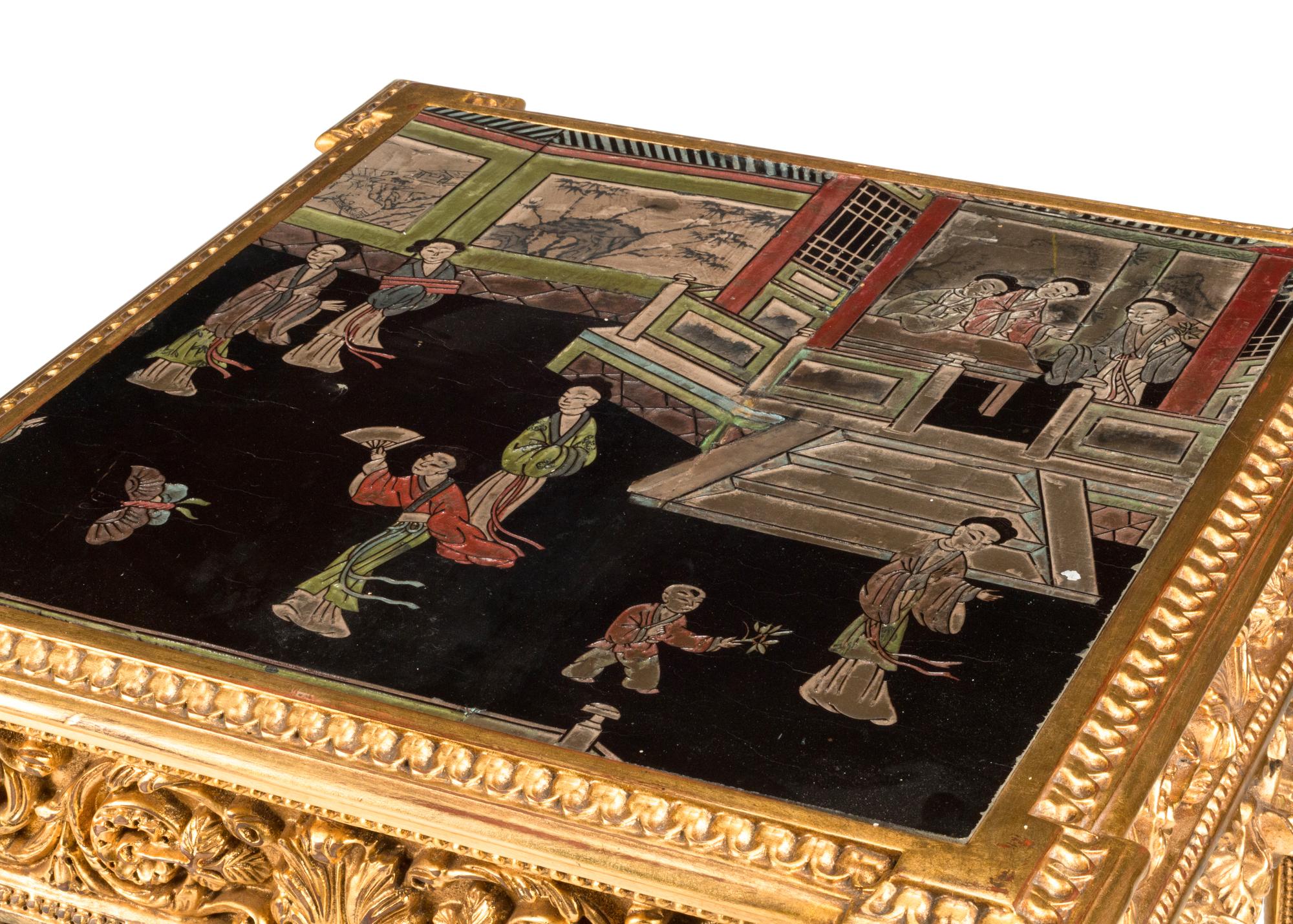 A Pair of Louis XVI Style Carved Giltwood and Chinese Lacquer-Inset Tables