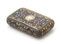 A Russian Enameled Silver Cigarette Case, Mark of Vasilii Rukavishnikov, Moscow, late 19th/early 20th century, the case decorated with