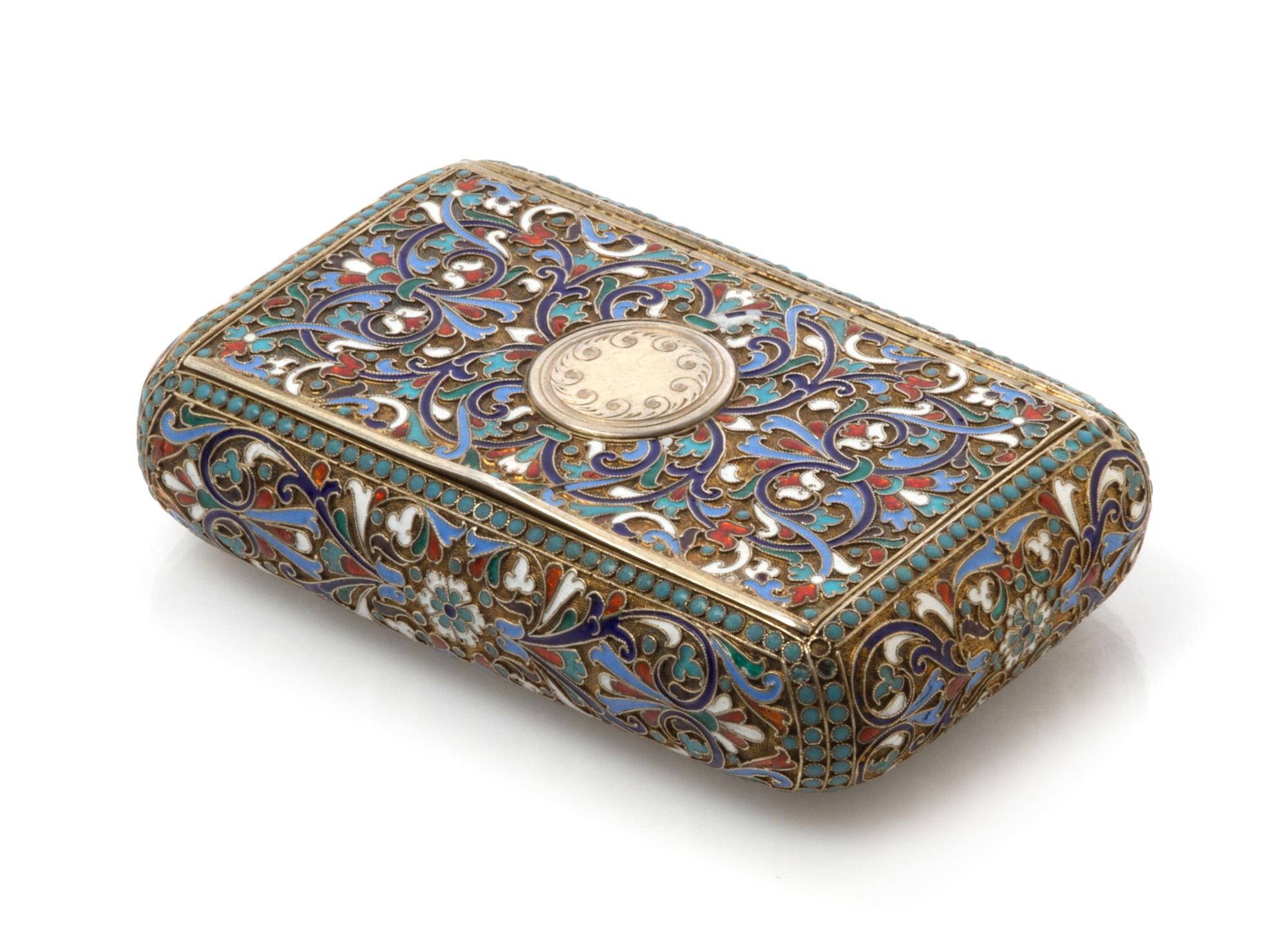 A Russian Enameled Silver Cigarette Case, Mark of Vasilii Rukavishnikov, Moscow, late 19th/early 20th century, the case decorated with