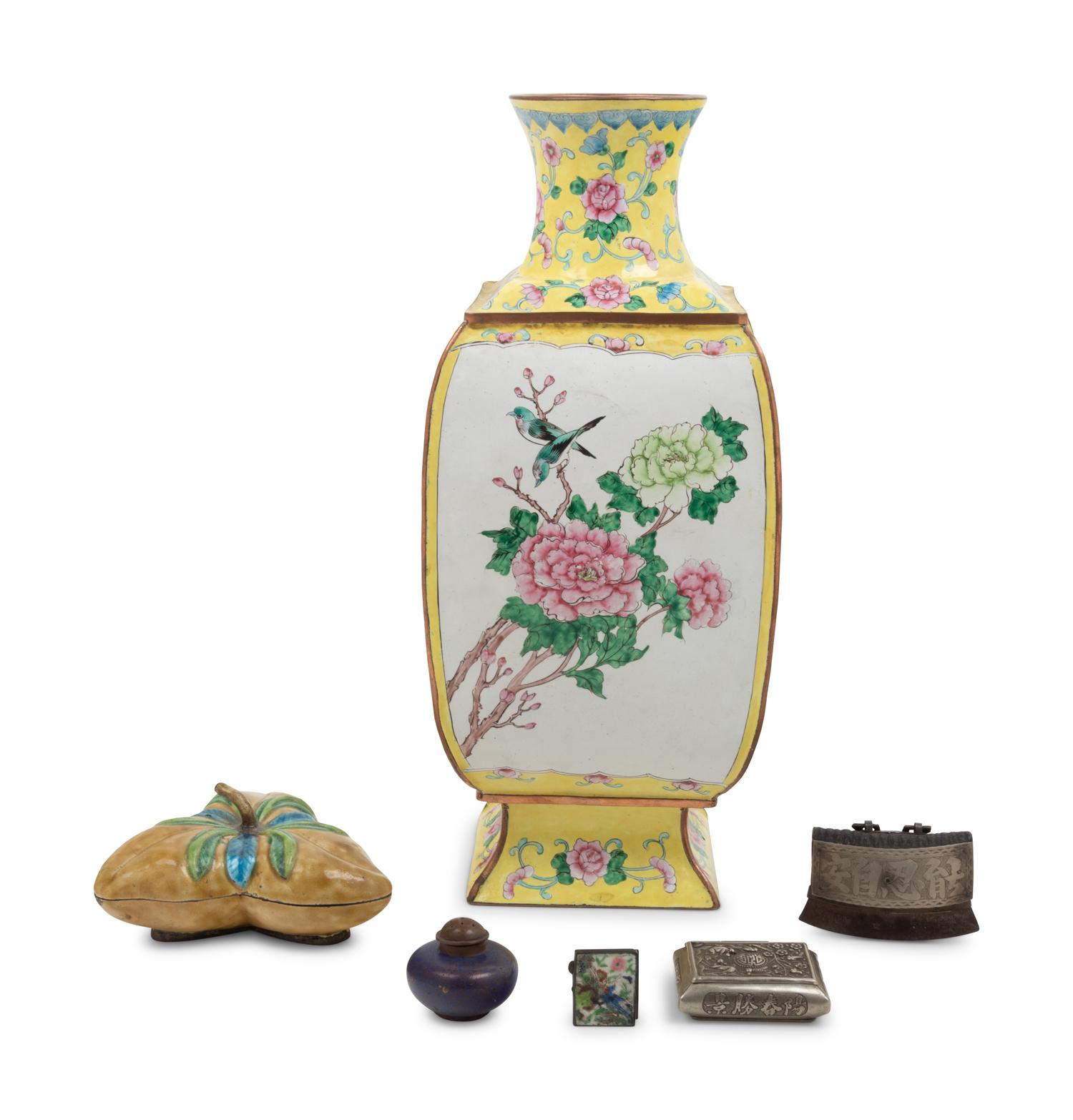 Six Chinese Metal and Painted Enamel Articles