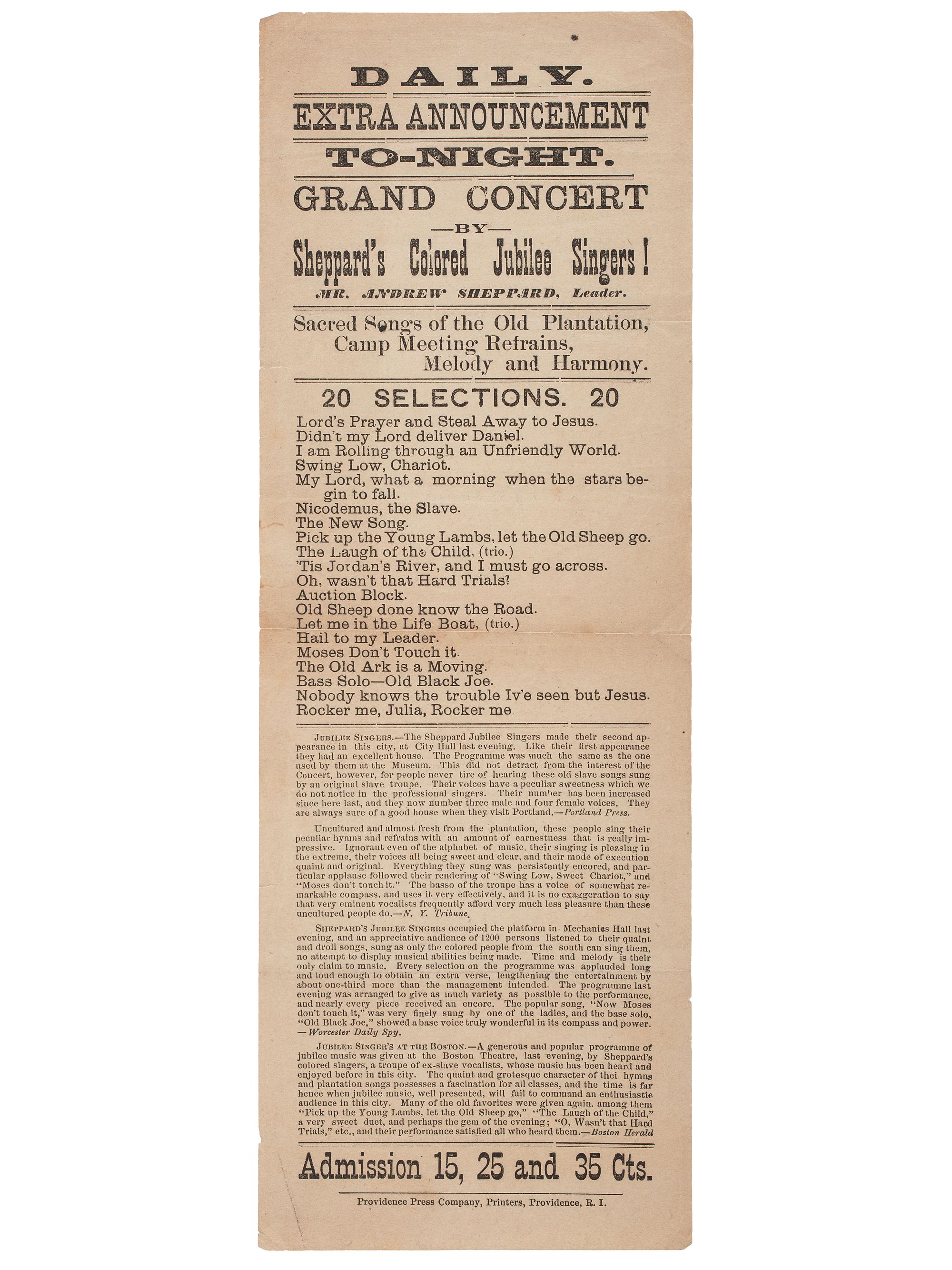 [MUSIC]. Broadsides and sheet music related to Jubilee Singers and African American music, comprising: