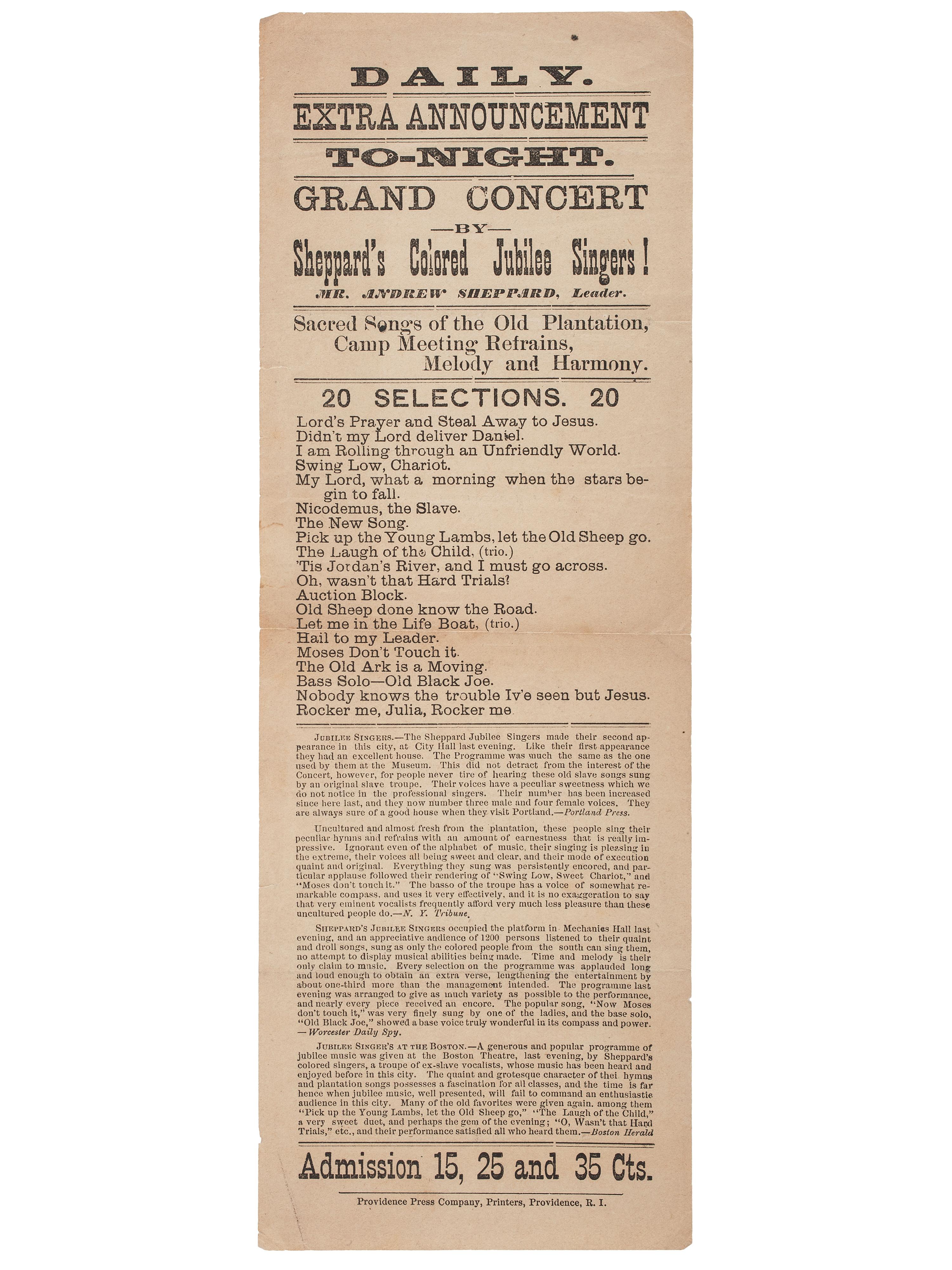 [MUSIC]. Broadsides and sheet music related to Jubilee Singers and African American music, comprising: