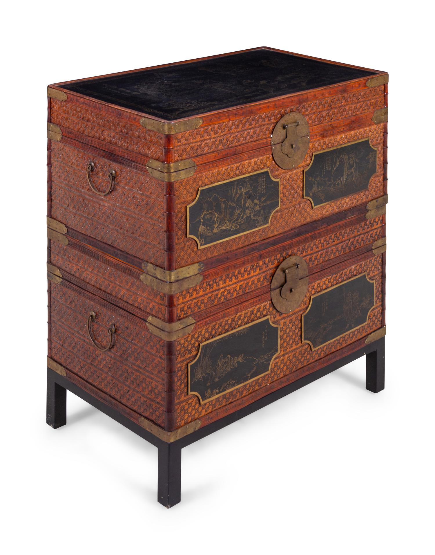 Two Chinese Export Lacquered and Woven Rattan Stackable Chests on Stand