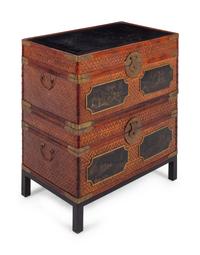 Two Chinese Export Lacquered and Woven Rattan Stackable Chests on Stand