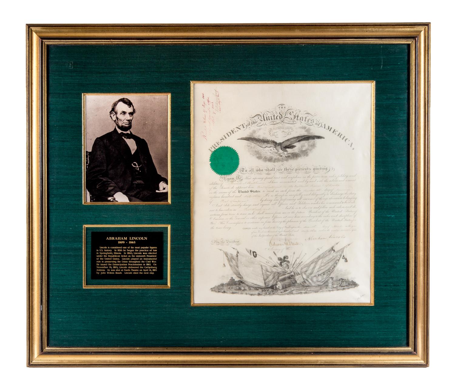 LINCOLN, ABRAHAM. Document signed, Washington, April 7, 1863. Appointment. Countersigned by Stanton.