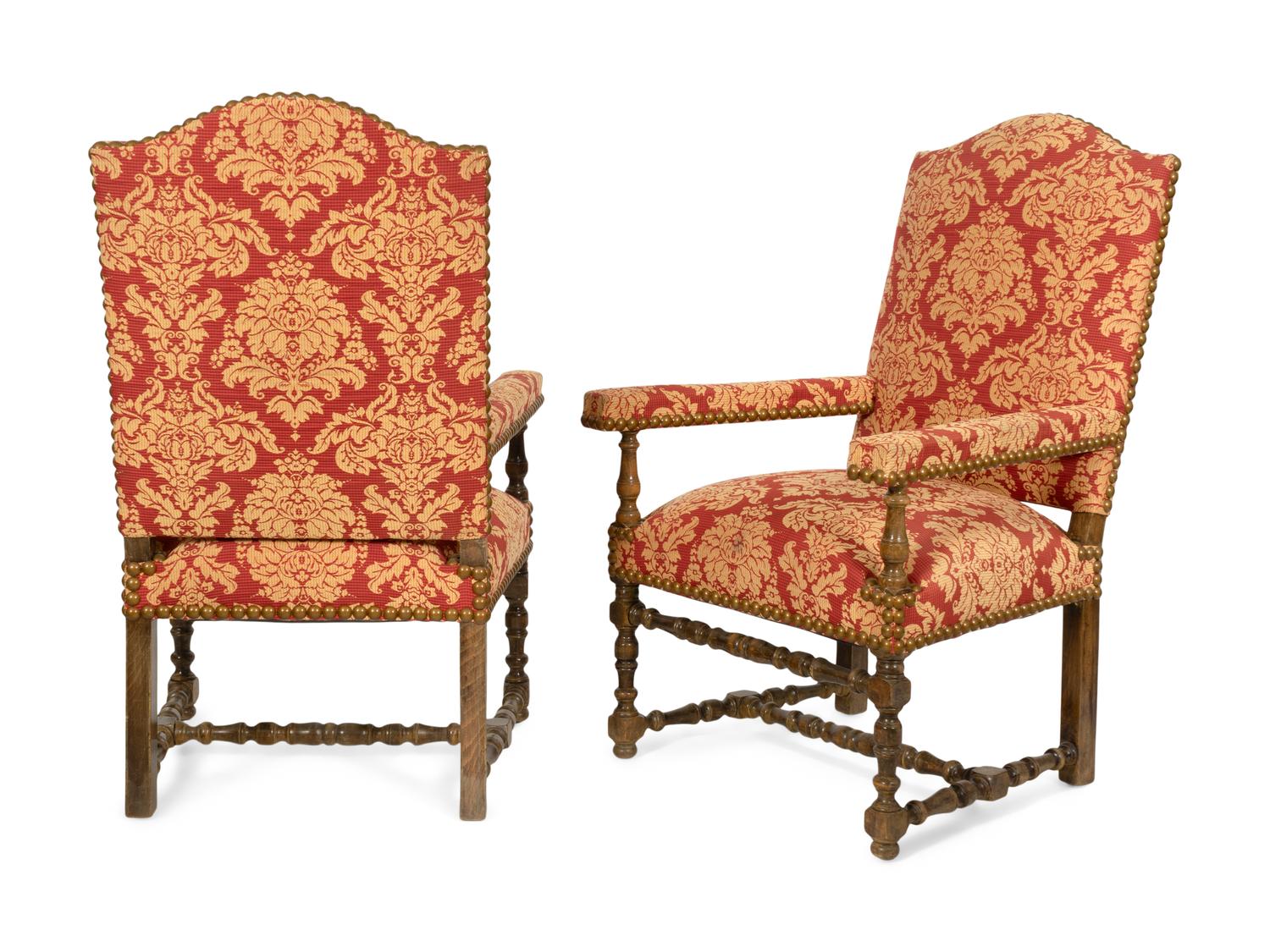 A Pair of Louis XIII Style Damask Upholstered Fauteils