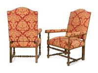 A Pair of Louis XIII Style Damask Upholstered Fauteils