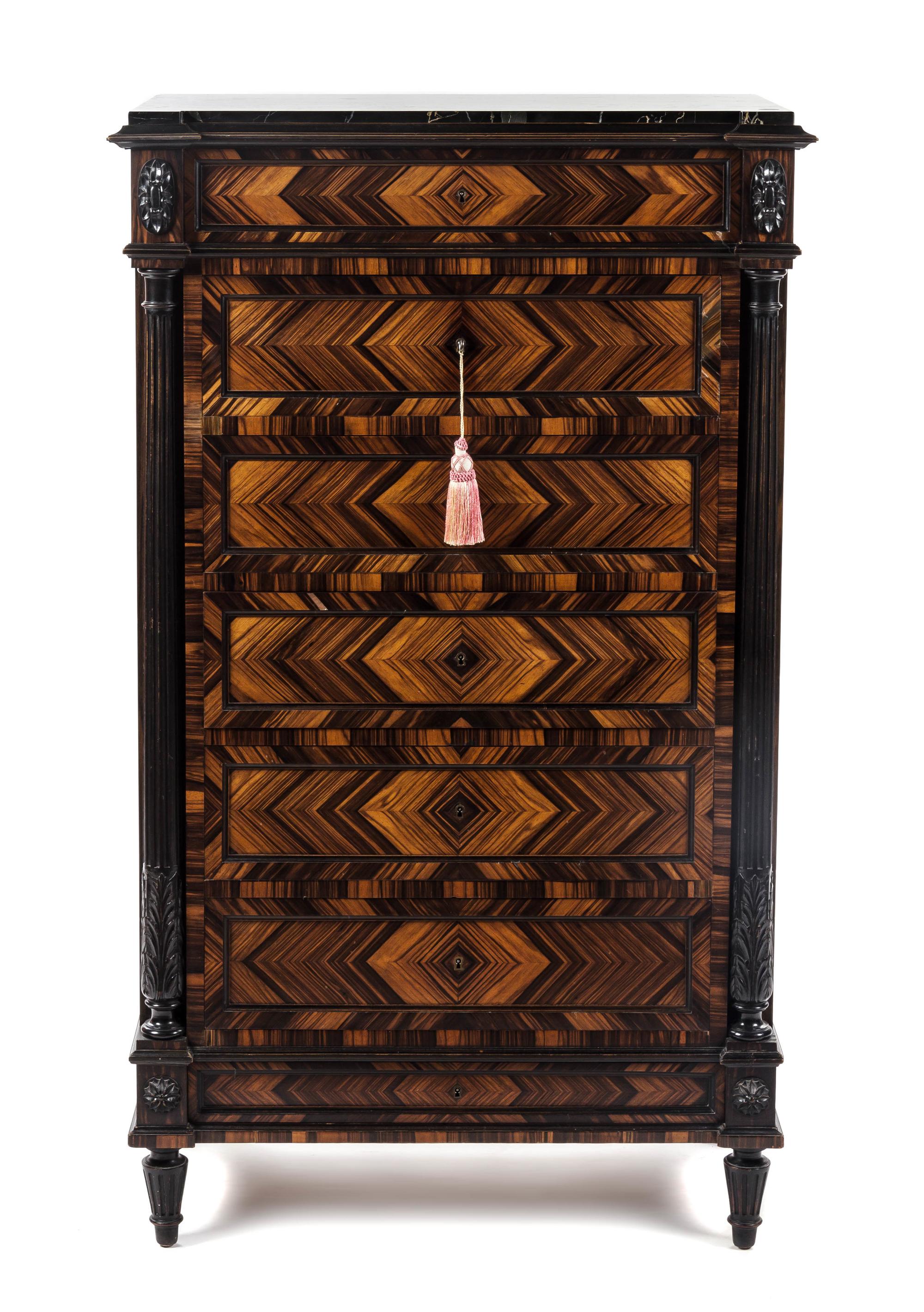 A French Parquetry Chest of Drawers, Height 55 1/2 x width 33 1/2 x depth 19 inches.