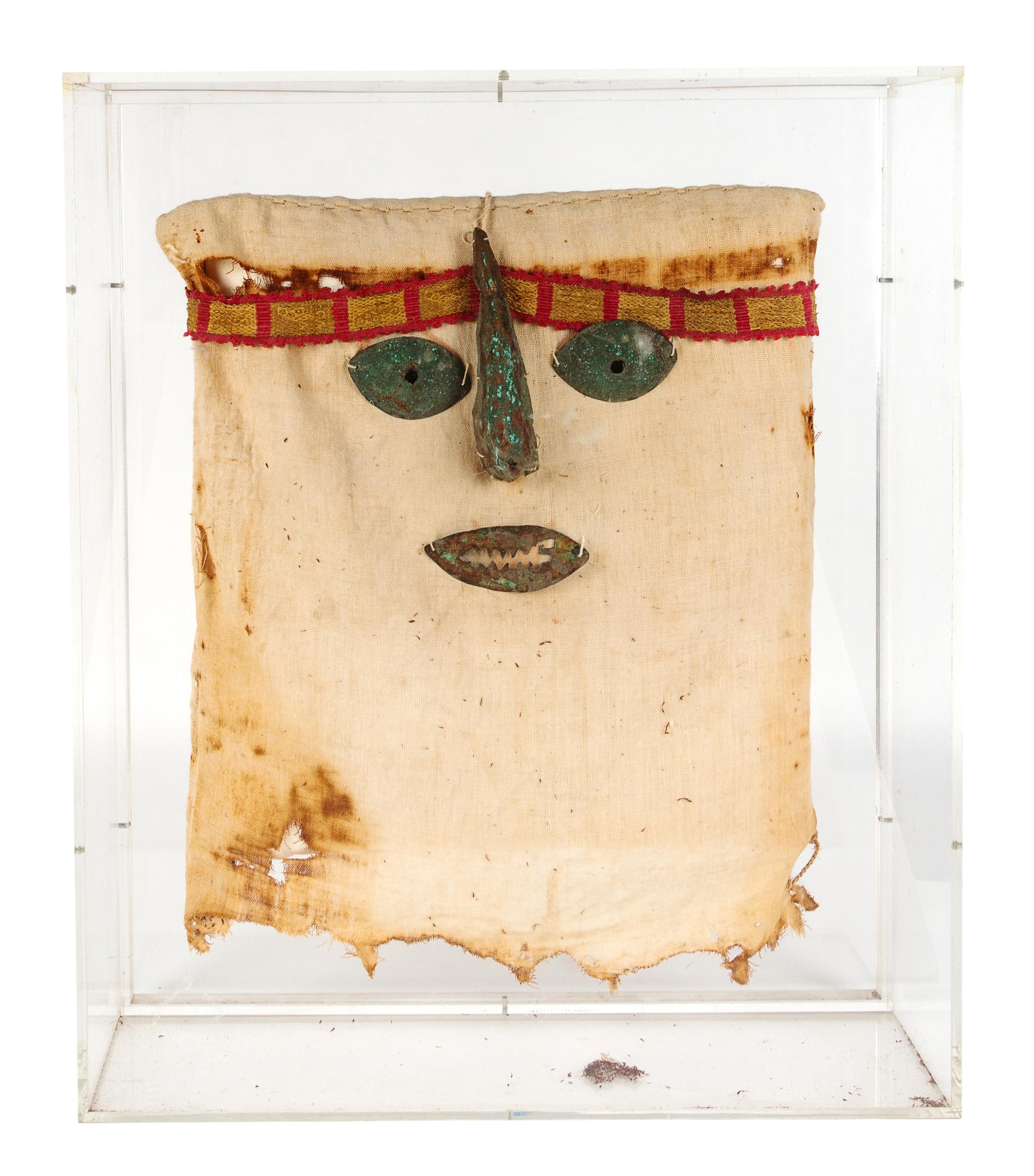 A Pre-Columbian Fabric and Silver Large Mummy False Head Height 24 1/2 x width 25 1/2 x depth 6 inches. — Chancay, Peru, circa 1000-1470 CE