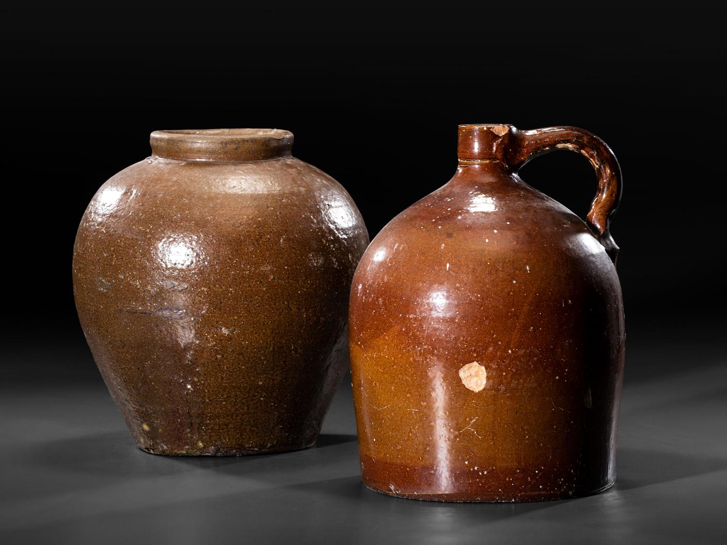 Two Brown Glazed Stoneware Vessels