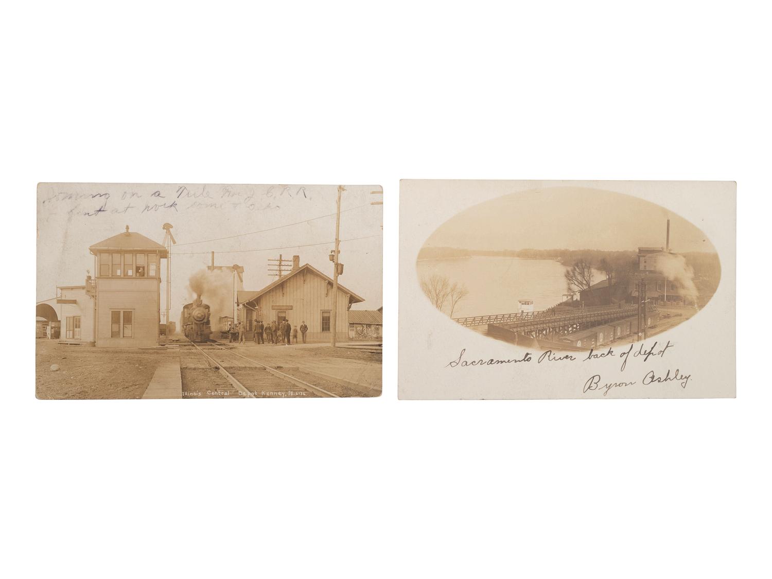 [RAILROADS]. Over 120 RPPCs & photographs of railroad stations, train depots, and roundhouses.