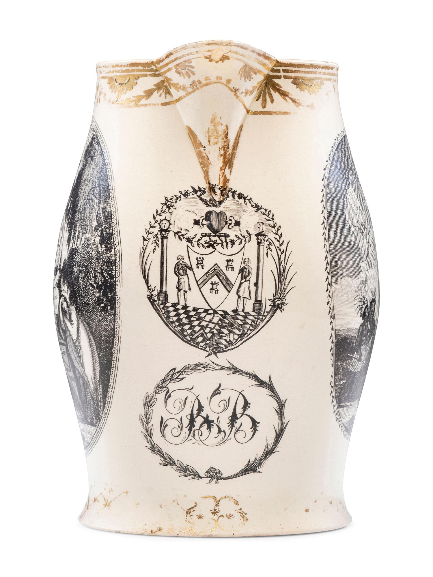 A Liverpool Transfer-Printed Creamware 'Emblem of America / Washington in Glory' Pitcher