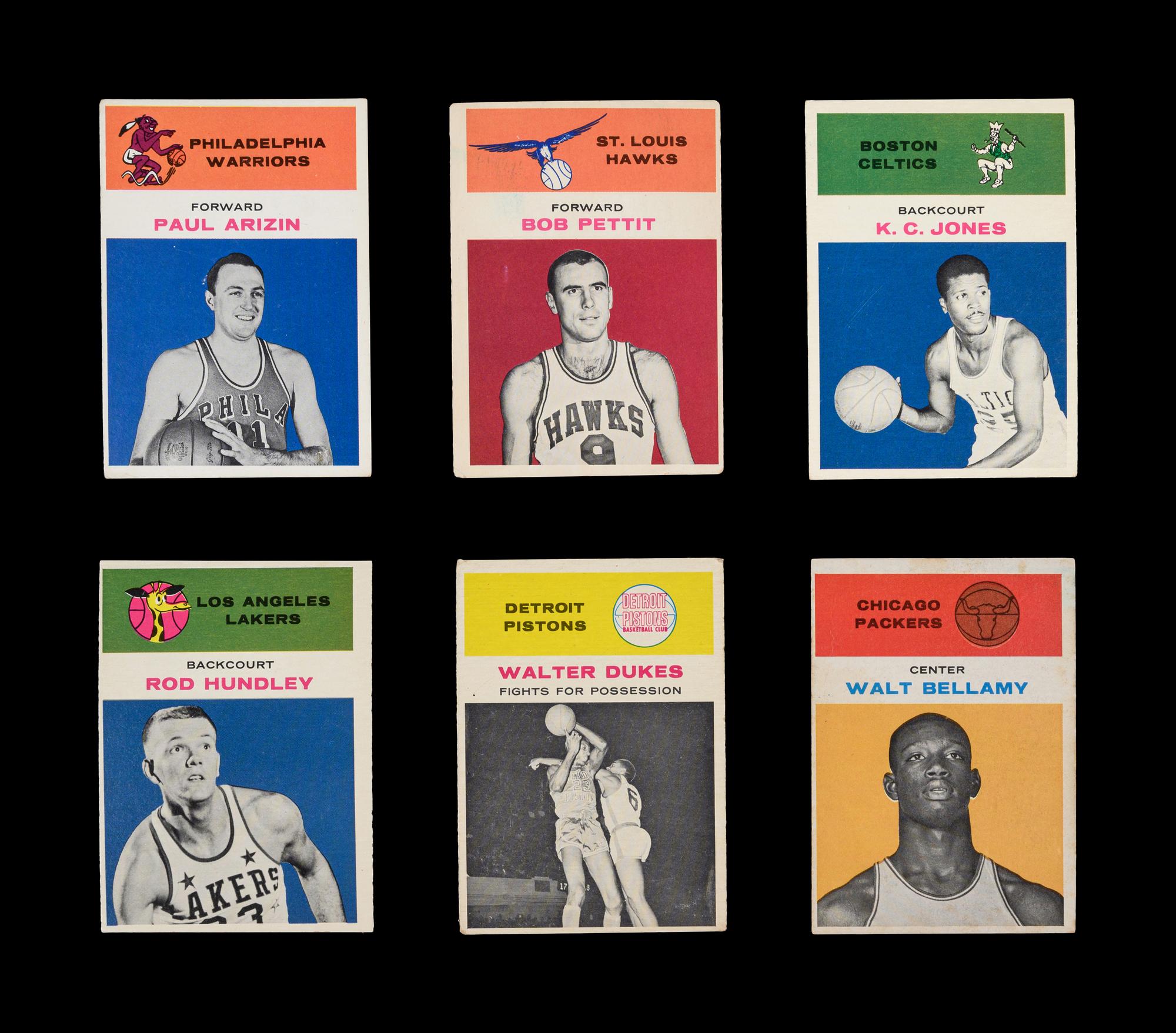 A Group of Six 1961 Fleer Basketball Cards including Walt Bellamy, K.C. Jones, Bob Pettit and Paul Arizin,