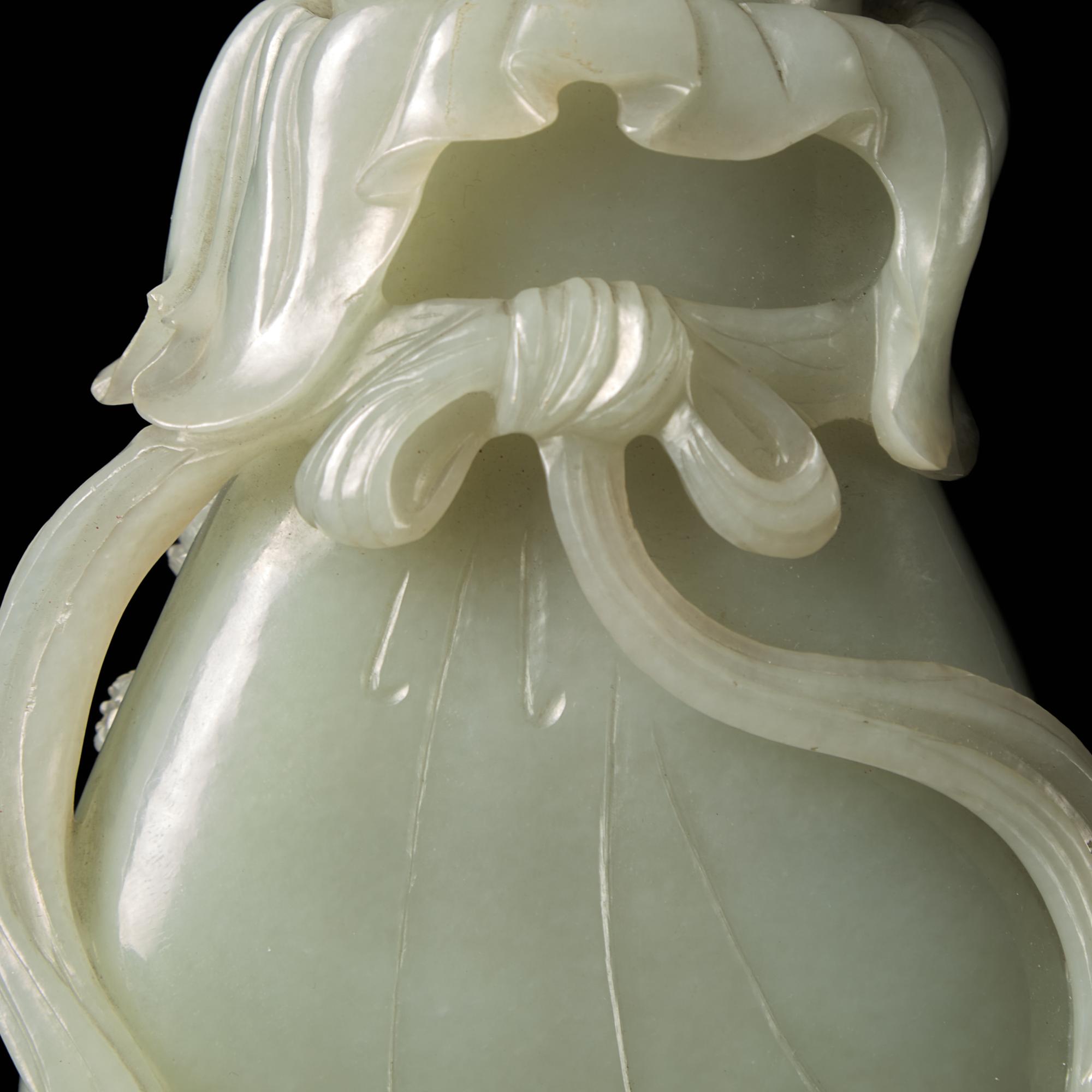 A Chinese Celadon Jade Bag-Form Vase with Later Cover, Qing Dynasty 清 青白玉包袱瓶