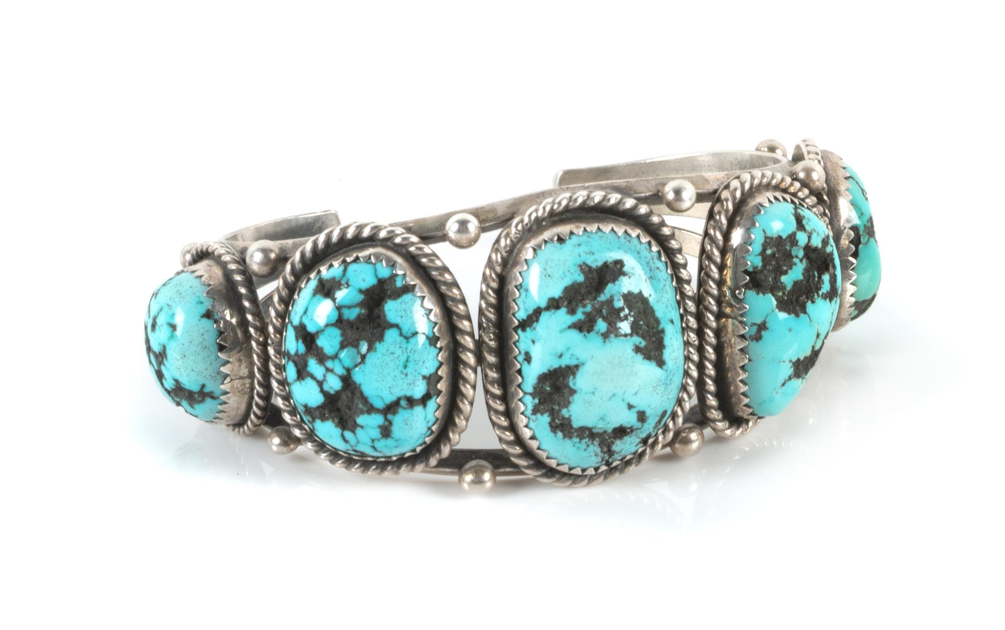 Southwestern Silver and Turquoise Cuff Bracelet Length 5 3/4 x opening 1 x width 1 1/4 inches