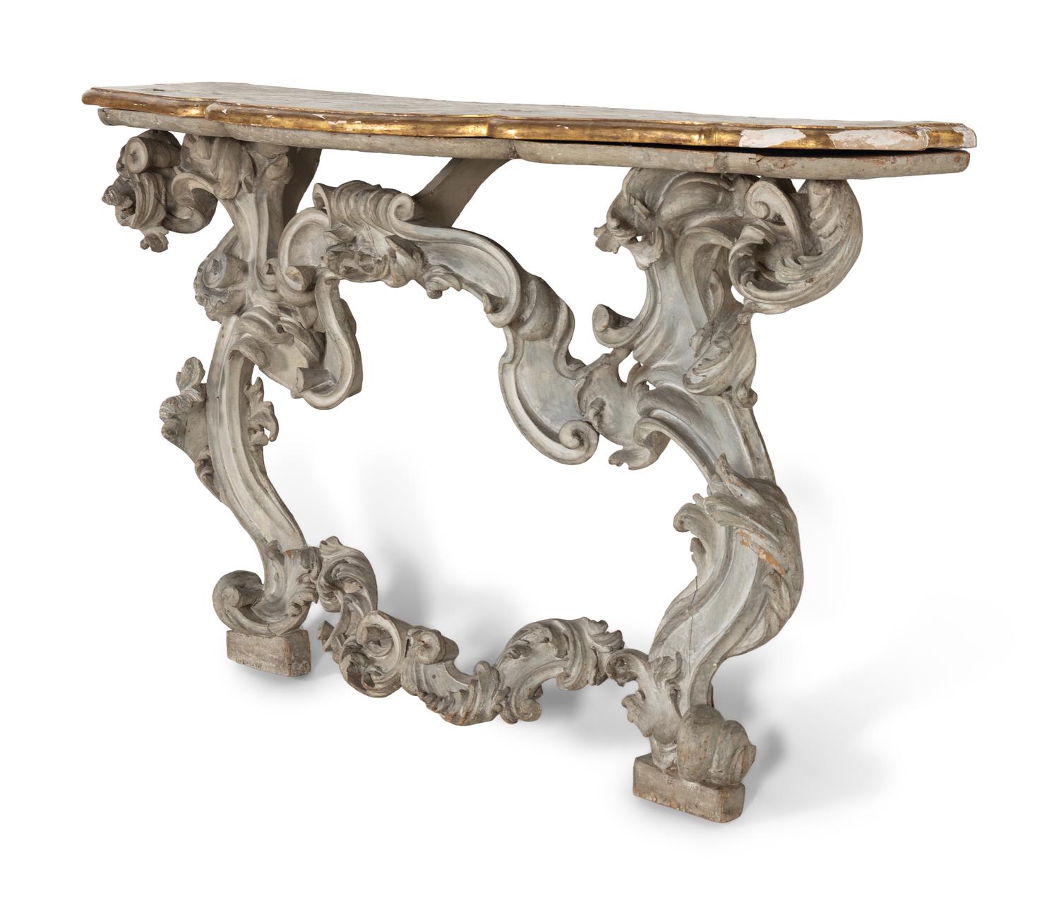 A Rococo Style Painted and Parcel Gilt Console Table
