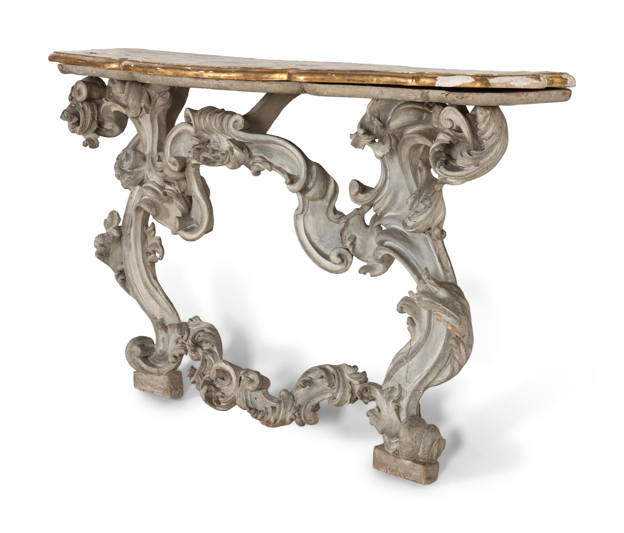 A Rococo Style Painted and Parcel Gilt Console Table