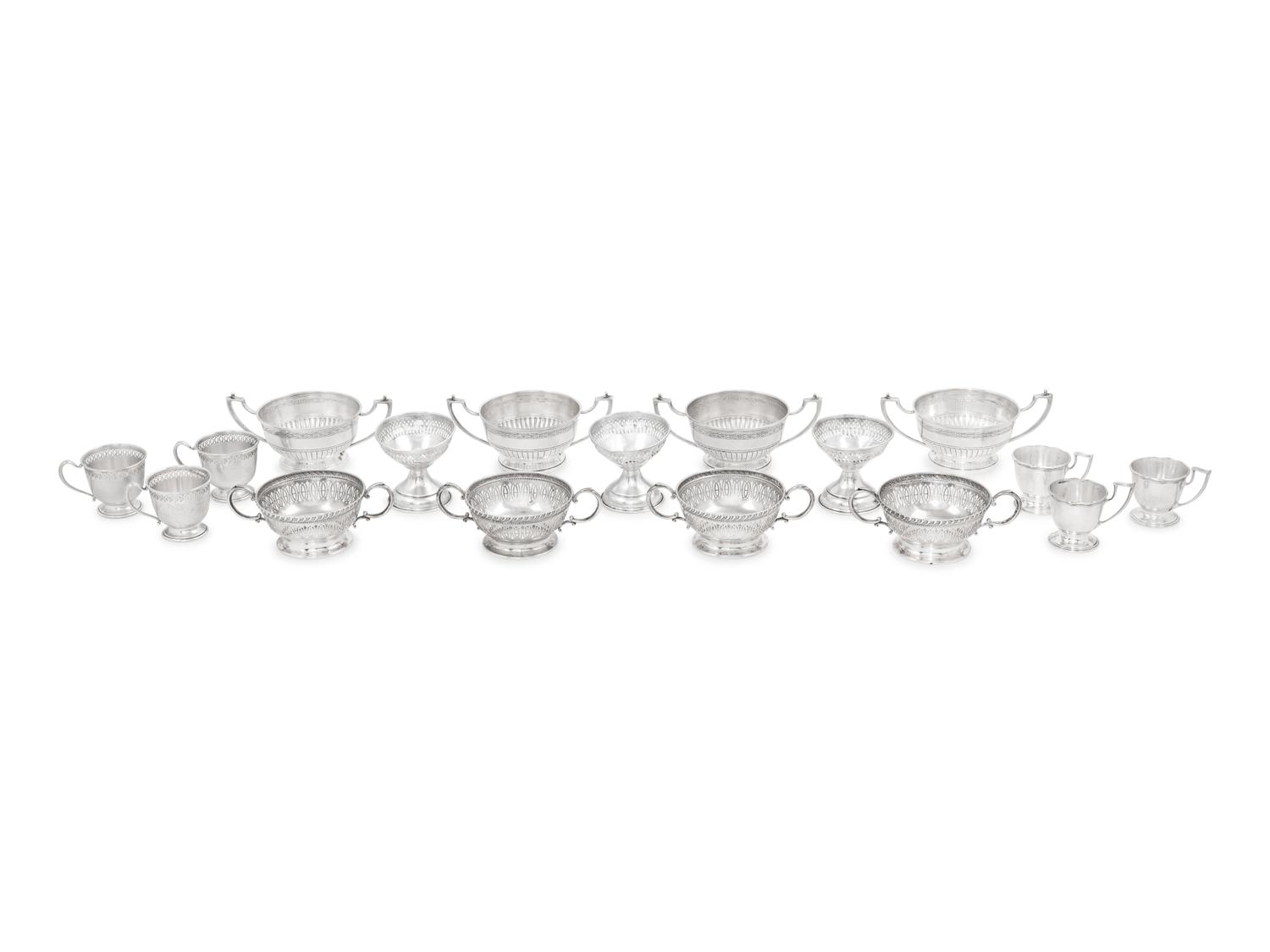 An Assembled Set of American Silver Demitasse Cups, Soups and Desserts