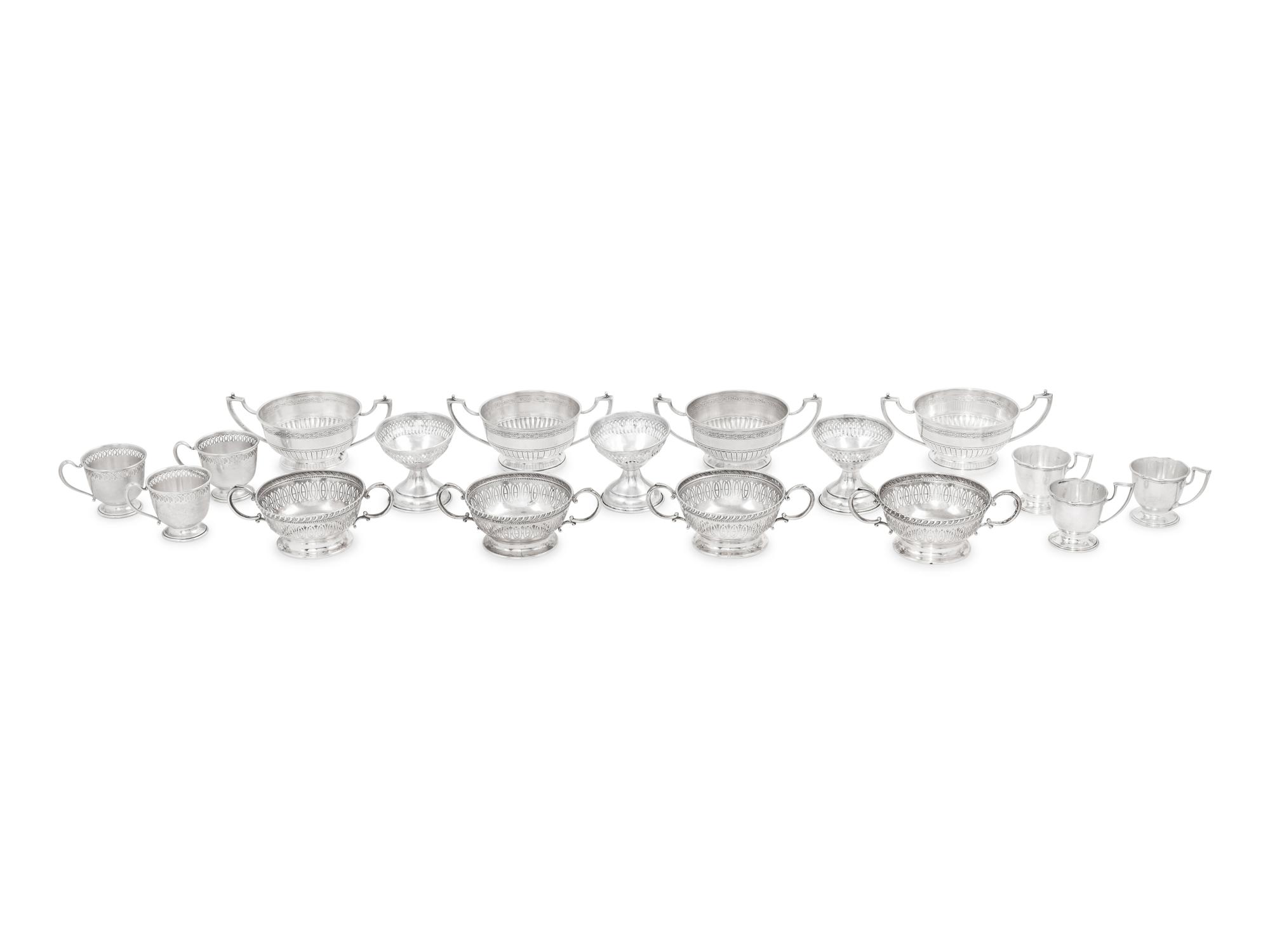 An Assembled Set of American Silver Demitasse Cups, Soups and Desserts