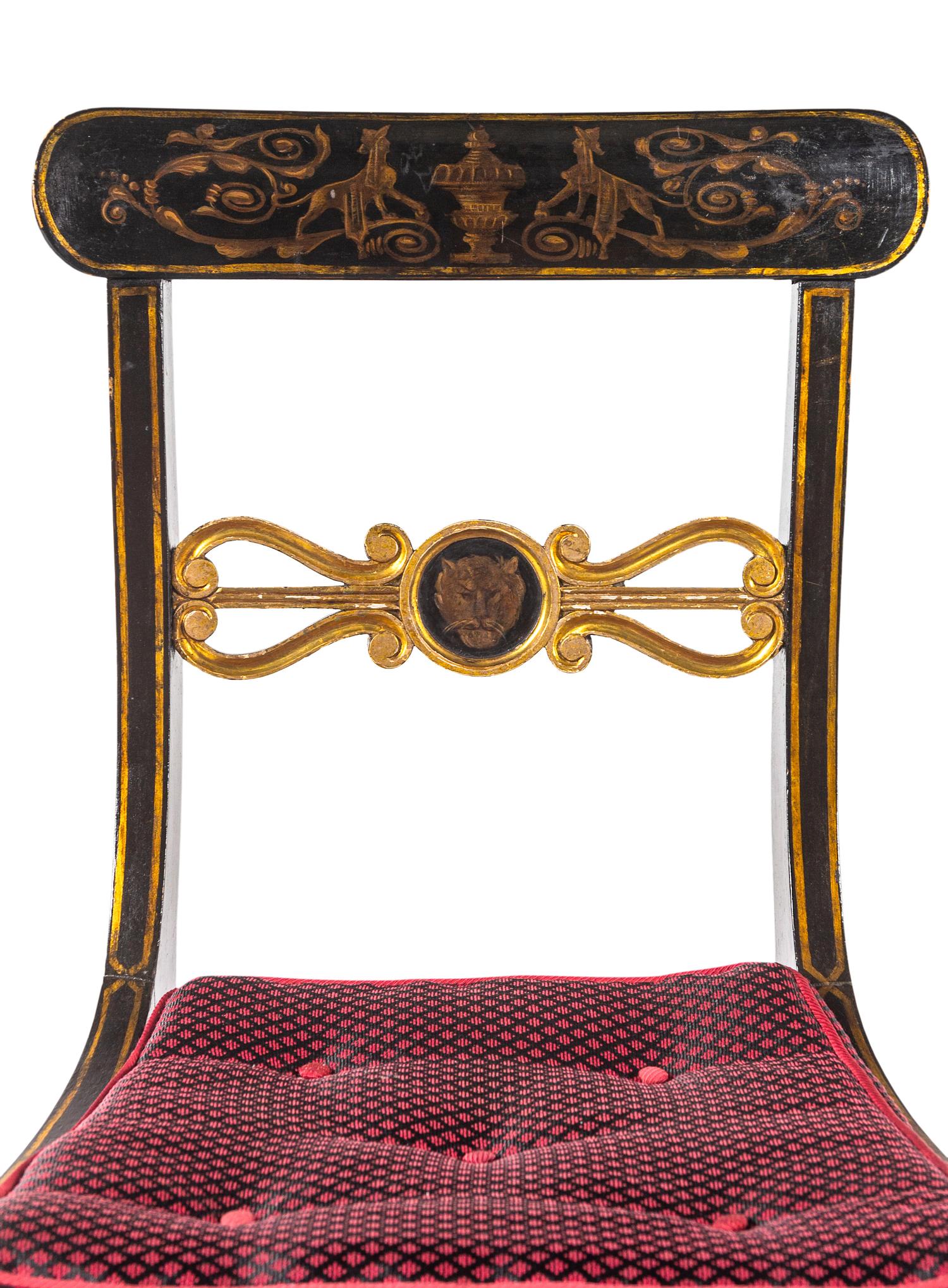 A Set of Eight Regency Black-Painted and Parcel-Gilt Dining Chairs