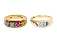 A Collection of 14 Karat Yellow Gold and Multigem Rings,