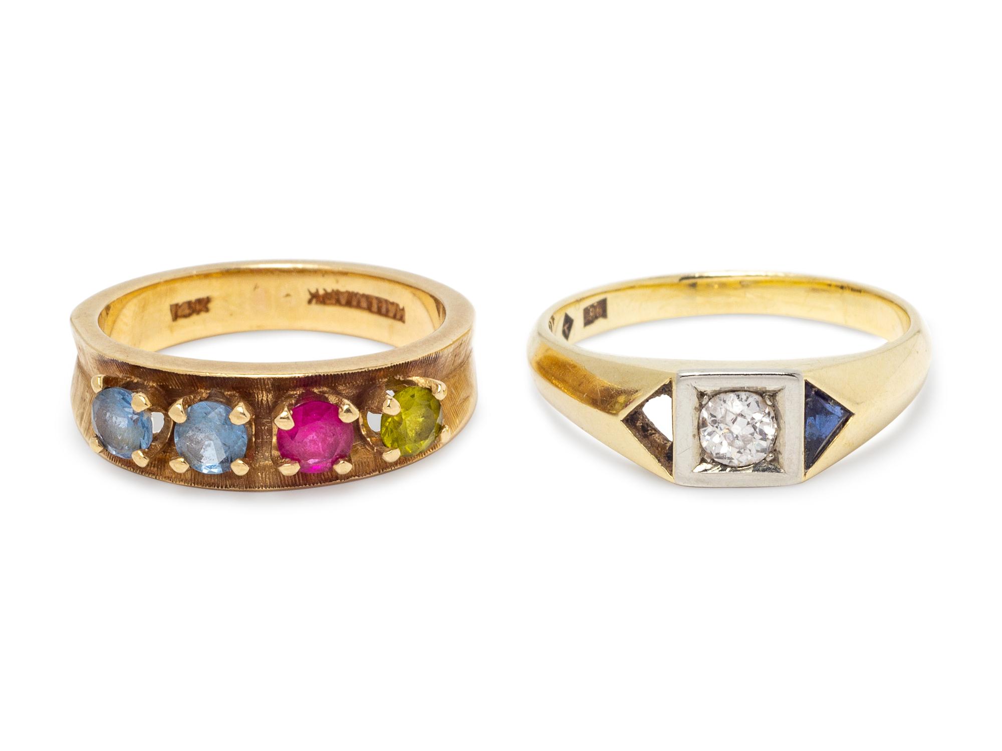 A Collection of 14 Karat Yellow Gold and Multigem Rings,