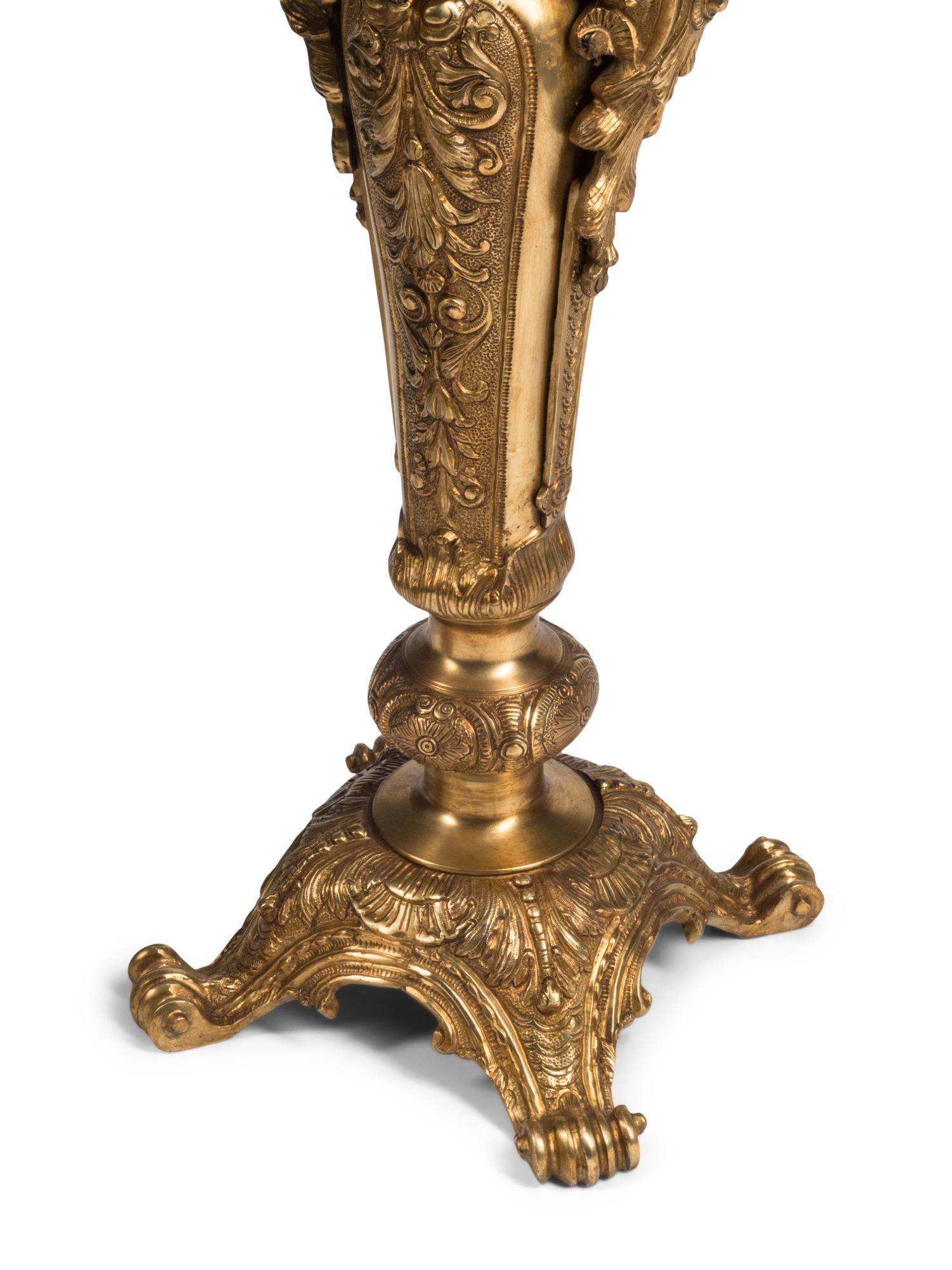 A Pair of Continental Gilt Bronze Marble-Top Figural Pedestals