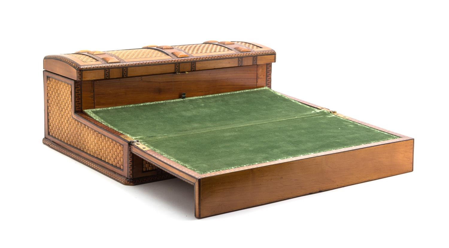 An English Various Woods Inlaid Lap Desk, Width 14 3/4 inches.