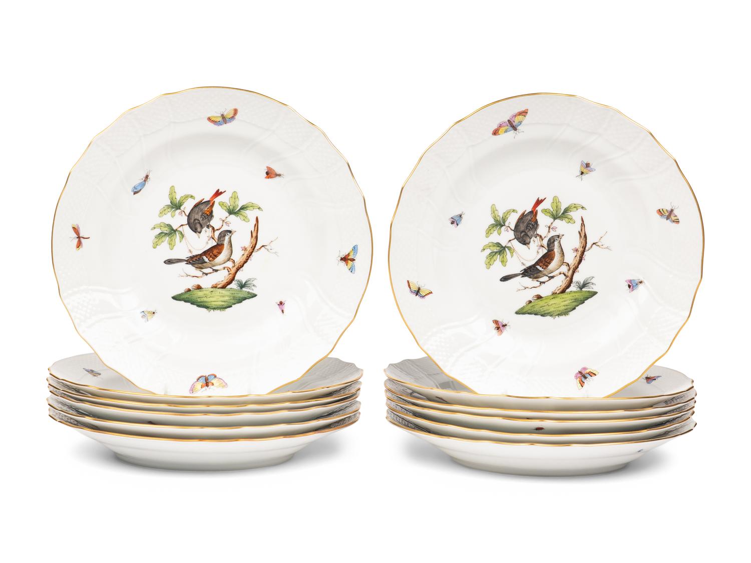 A Set of Twelve Herend Rothschild Bird Porcelain Pasta Plates