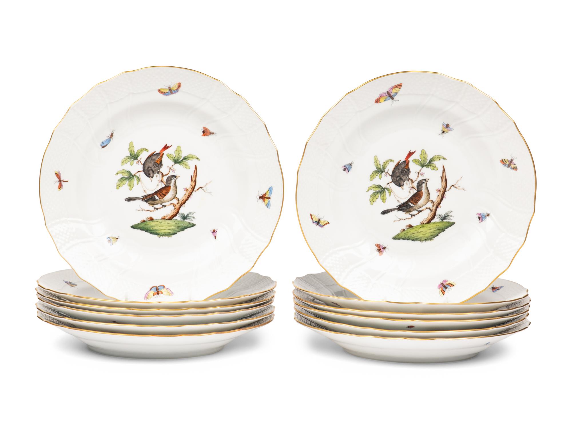 A Set of Twelve Herend Rothschild Bird Porcelain Pasta Plates