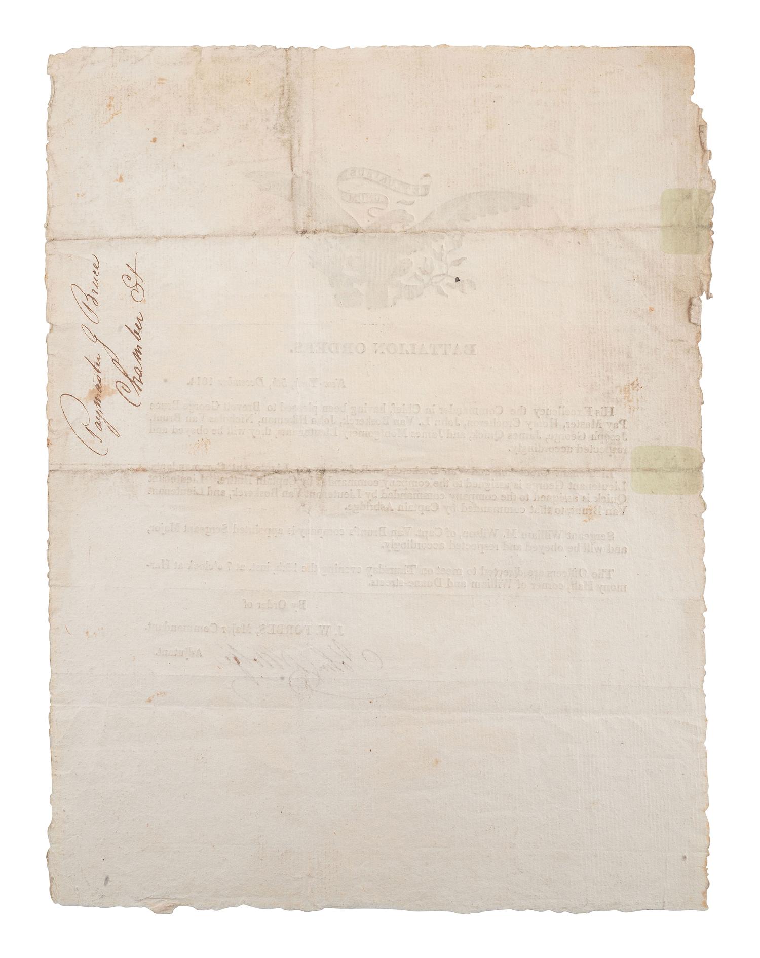[WAR OF 1812]. WOLFE, John D. Battalion orders signed ("John D. Wolfe"). New York, 5 December 1814.
