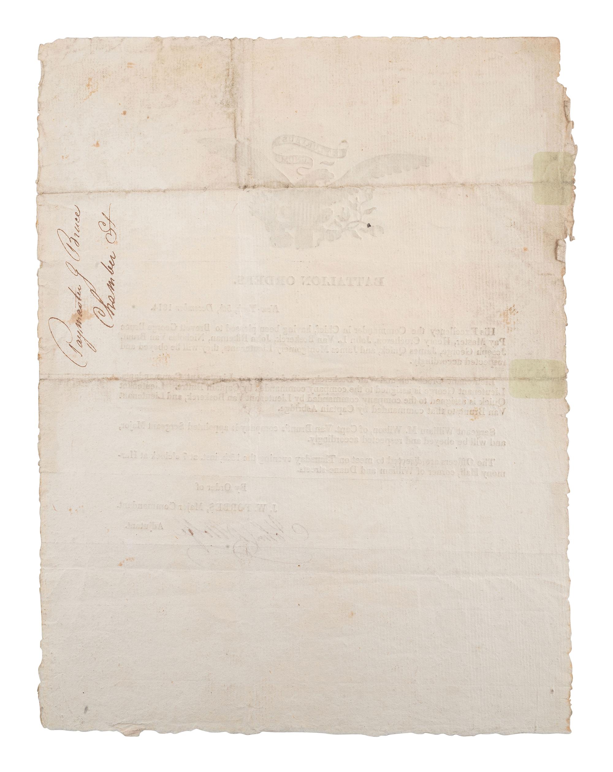[WAR OF 1812]. WOLFE, John D. Battalion orders signed ("John D. Wolfe"). New York, 5 December 1814.
