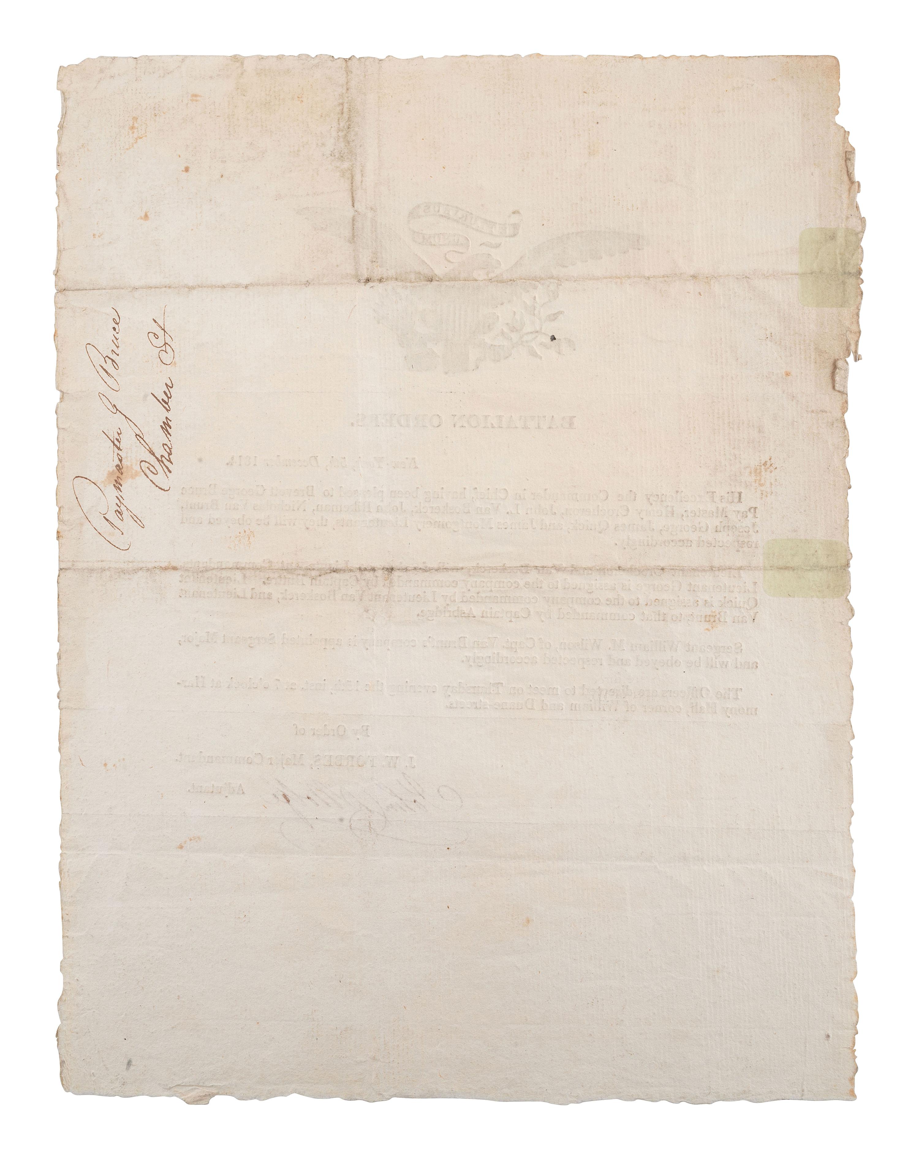 [WAR OF 1812]. WOLFE, John D. Battalion orders signed ("John D. Wolfe"). New York, 5 December 1814.