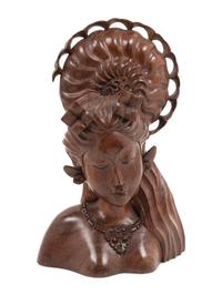 An Indonesian Carved Wood Bust, Two Thai Giltwood Figures and an Indian Brass Figure