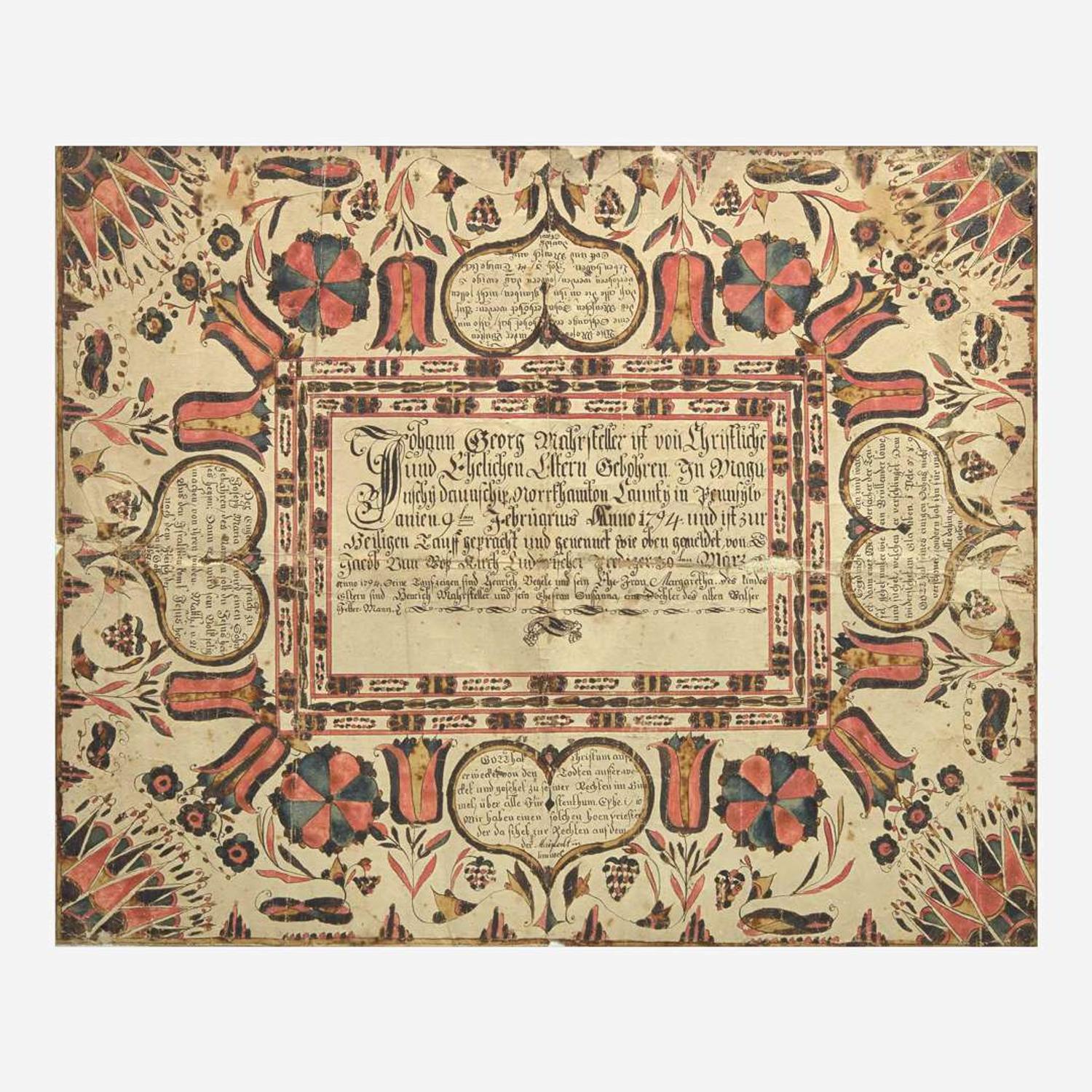 A Fraktur birth and baptismal certificate for Johan George Mahrsteller Heinrich Weiss (active c. 1776-1808)
